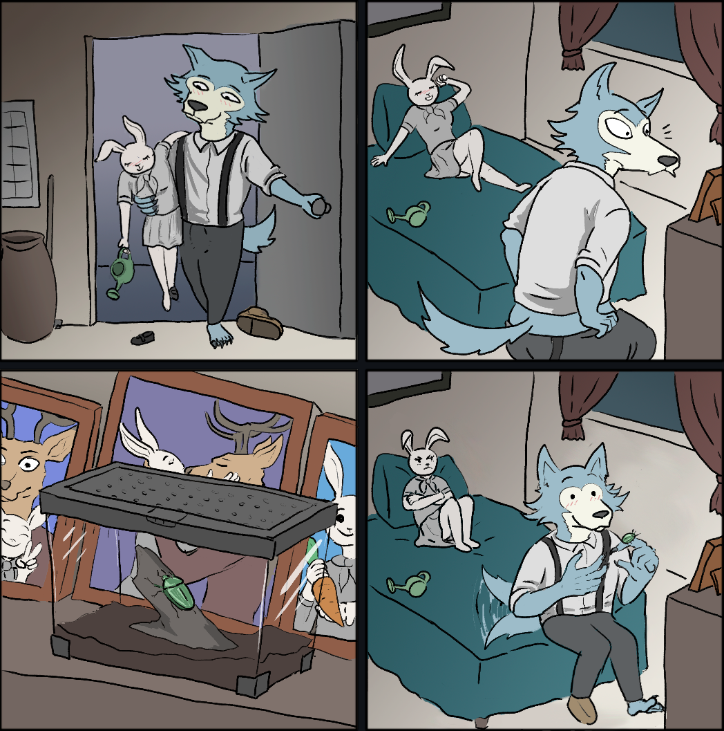 2021 anthro arthropod beastars bed beetle bulge canid canine canis carrot clothed clothing comic crossed_arms curtains duo female food furniture happy haru_(beastars) humor insects inside lagomorph legoshi_(beastars) leporid louis_(beastars) male mammal meme mr._solar multiple_images plant rabbit seductive smile tail_motion tailwag terrarium thai_political_crisis_breakup undressing vegetable vivarium watering_can window wolf