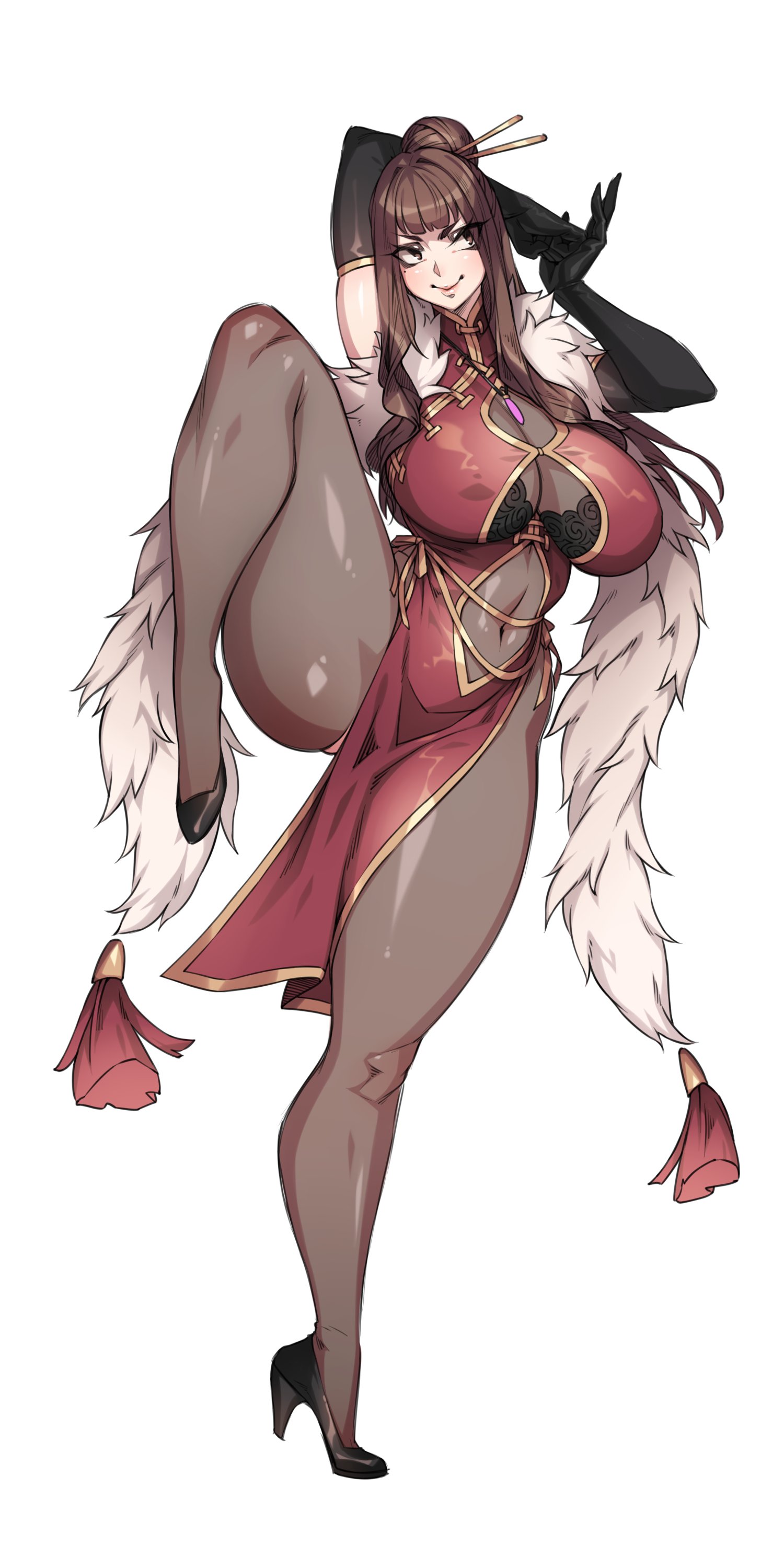 big breasts, breasts, brown hair, chinese dress, chopsticks in hair, female, high heels, leg up, long gloves, long hair, naidong, thick thighs