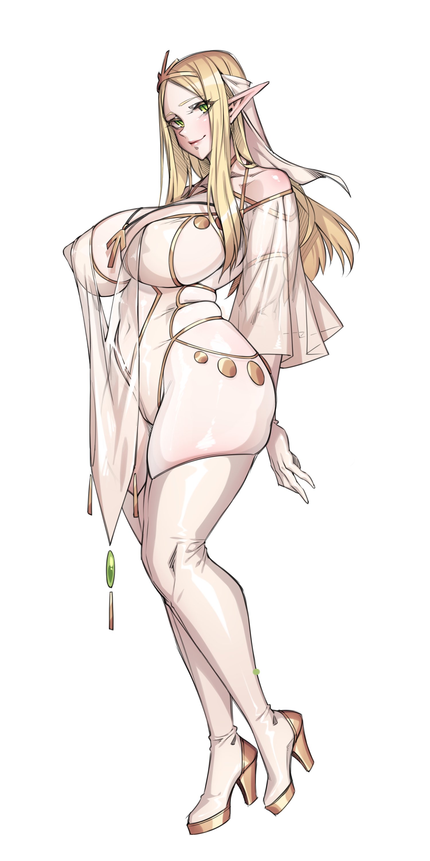 1girls, big breasts, blonde female, blonde hair, breasts, elf, female, full-length portrait, green eyes, heels, high heels, long hair, naidong, priestess, thighhighs, white highlights, yin-ting tian