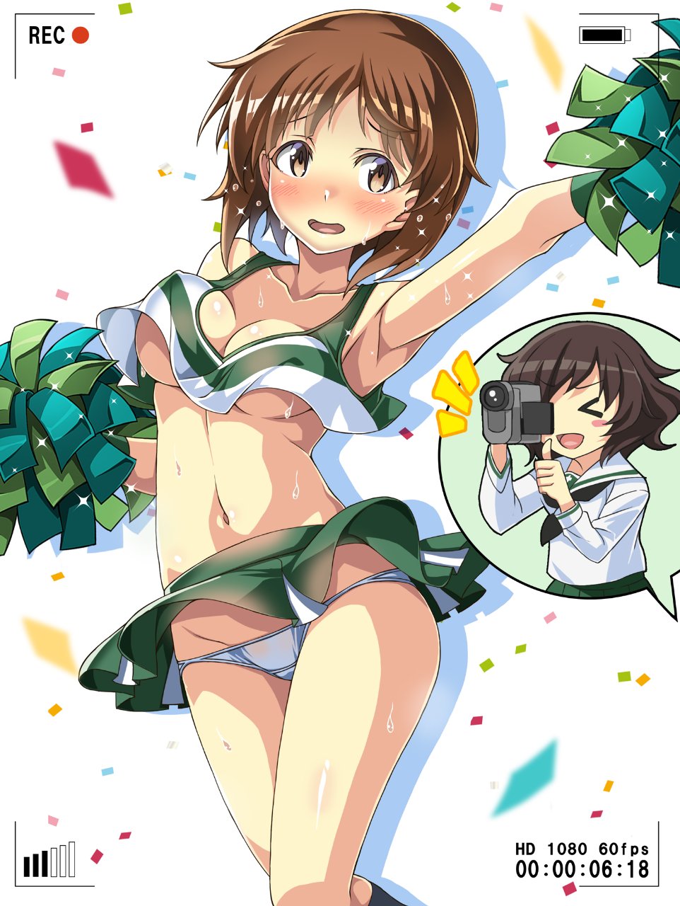 2girls akiyama_yukari blush camera cheerleader_uniform female female_only girls_und_panzer macaroni_hourensou multiple_girls nishizumi_miho open_mouth panties pom_pom_(cheerleading) pom_poms recording short_hair sweat underwear