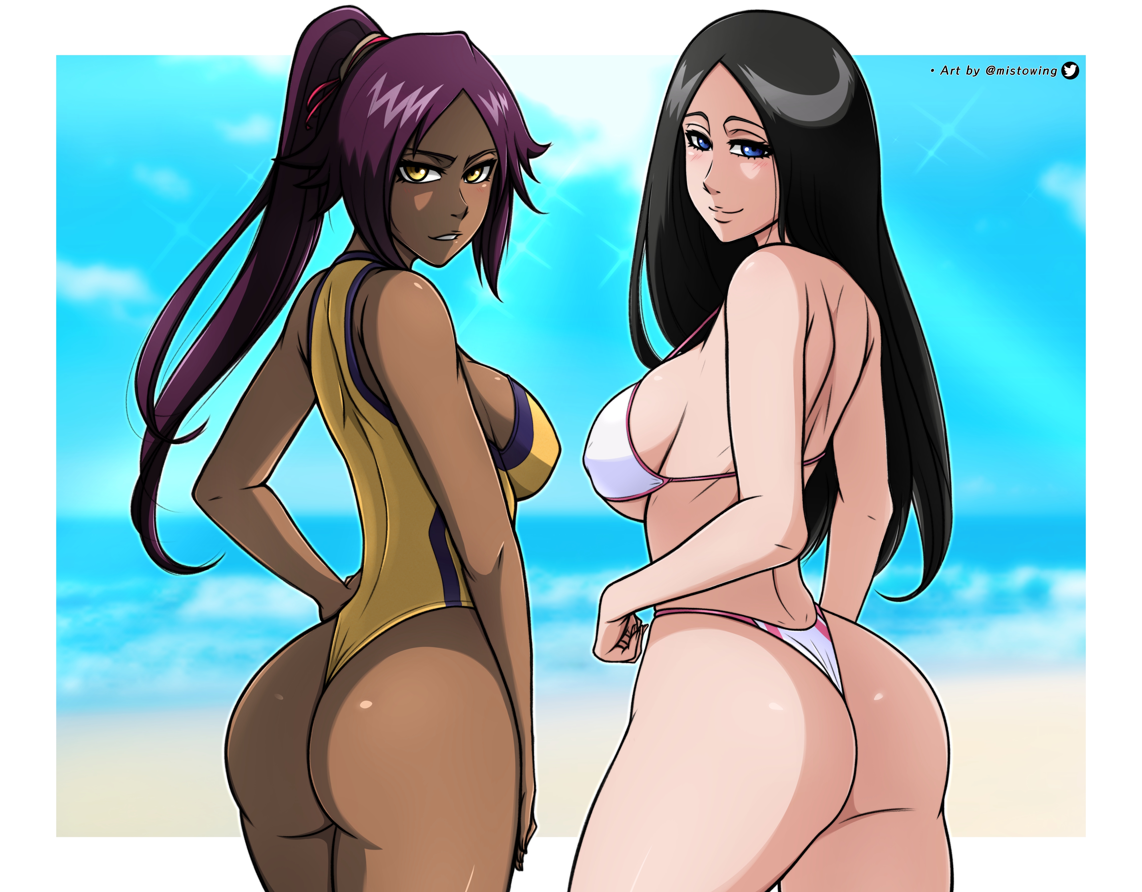 2girls, alternate hairstyle, ass, back view, bare ass, bare back, bare legs, bare shoulders, bare thighs, big ass, big breasts, bikini, bikini bottom, bikini top, black hair, bleach, bleach: the thousand-year blood war, blue eyes, blue sky, blush, breasts, brown skin, chocolate and vanilla, clouds, cropped legs, curvaceous, curvy, curvy body, curvy female, curvy figure, dark skin, dark-skinned female, female, female only, from behind, hair down, landscape, large ass, large breasts, light particles, light skin, light-skinned female, looking at viewer, looking back, loose hair, mature, mature female, mistowing, multiple females, multiple girls, ocean, one-piece swimsuit, ponytail, presenting, presenting ass, presenting hindquarters, rear view, revealing swimsuit, round ass, shihouin yoruichi, sideboob, skimpy, skimpy bikini, smile, smiling at viewer, swimsuit, take your pick, taken from behind, thong bikini, thong swimsuit, tied hair, tight swimsuit, unohana retsu, unohana yachiru, very long hair, voluptuous, water, white border, wide hips, yellow eyes