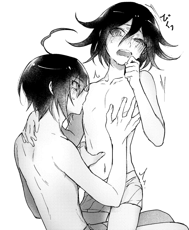 2boys 9:34 blush danganronpa danganronpa_v3 gay heart-shaped_pupils male male/male male_only monochrome nipple_kiss nipple_tweak nipples ouma_kokichi saihara_shuuichi shirtless straight_hair touching_nipples translation_request yaoi year_request