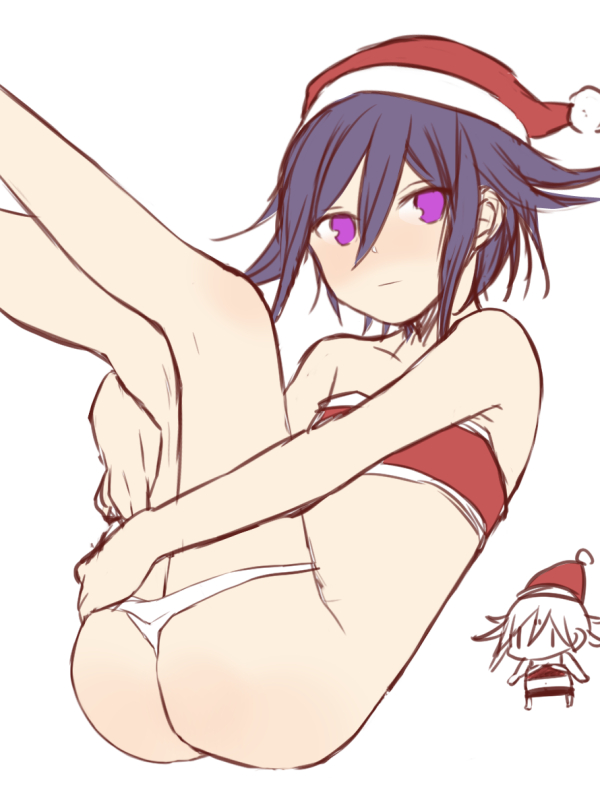 1boy ass blush christmas crossdressing danganronpa danganronpa_v3 femboy iberico light_skin looking_at_partner male male_only ouma_kokichi panties_down purple_eyes purple_hair santa_hat solo straight_hair