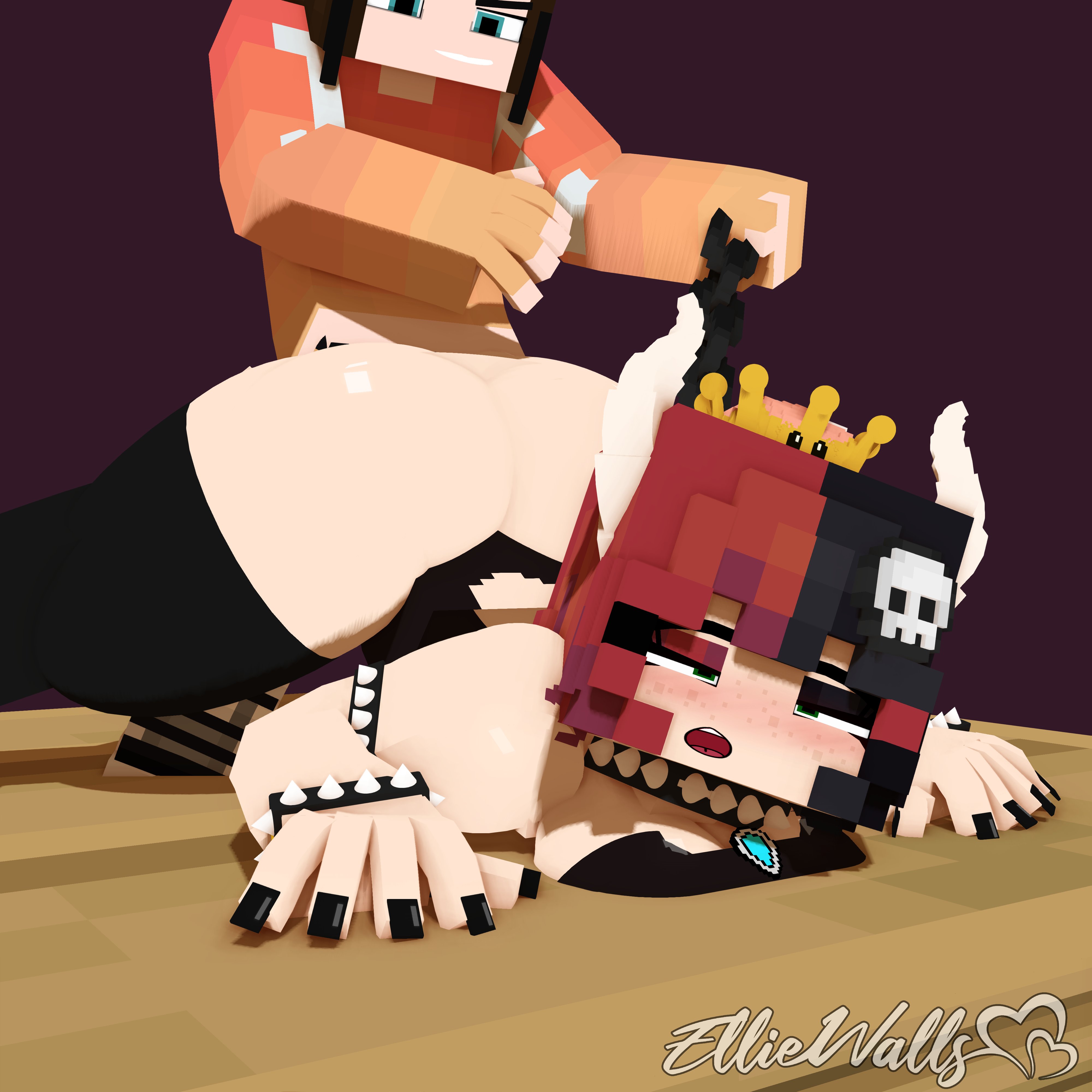 1boy, 1girls, 3d, ass, ass up, big ass, blush, bowsette (cosplay), breasts, clothing, commission, crown, doggy style, ellie walls (odysseyellie), female, freckles, goth, goth girl, horns, horny female, huge ass, looking pleasured, male, mario (series), mine-imator, minecraft, new super mario bros. u deluxe, odysseyellie, ponytail, pulling hair, sex, skull hair ornament, spiked armband, spiked bracelet, spiked collar, spiked hairband, straight, tagme, thick thighs, thighhighs, two-tone hair, wide hips
