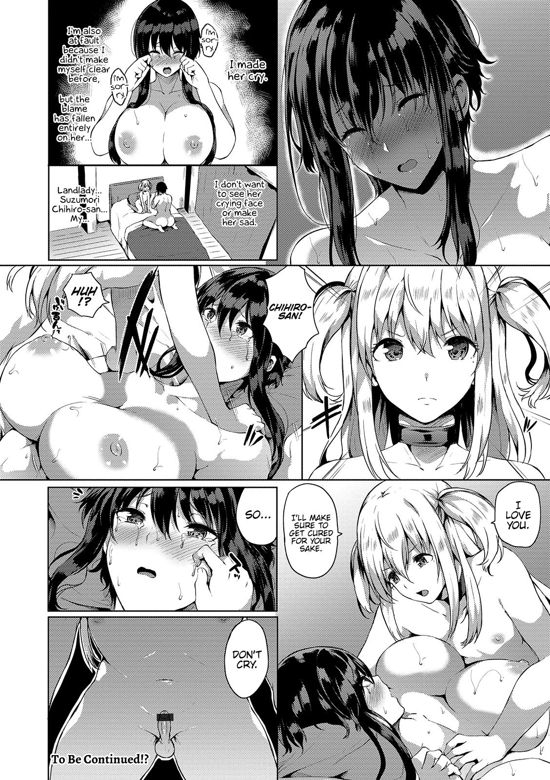 1boy, 1futa, after sex, bar censor, big breasts, big penis, black hair, blonde hair, breasts, censored, comic, crying, dialogue, doujinshi, english text, erection, femboy, futa on male, futa sans balls, futanari, human, i love you, intersex, kasuga mayu, long hair, male, monochrome, nipple tweak, nipples, nude, penis, small penis, sweat, tears, text, tongue, tongue out, translated, trap, twintails, wholesome, wide hips