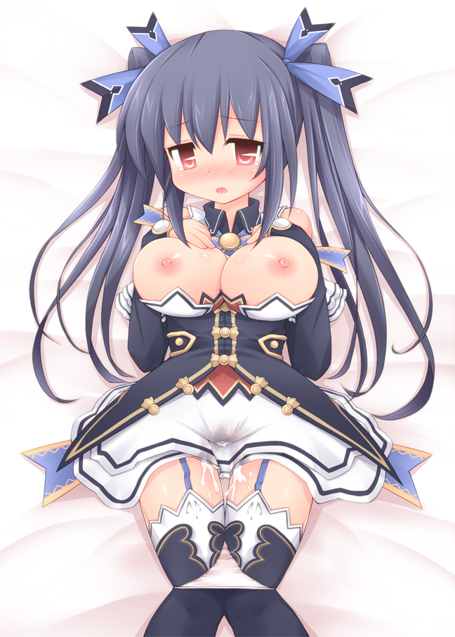 black_hair blush bodily_fluids breasts breasts_out choujigen_game_neptune female front_view garter_belt hair_ribbon hand_on_breast huge_breasts large_breasts light-skinned_female looking_at_viewer neptunia_(series) noire panties_down red_eyes sekiri solo twintails wet_clothes