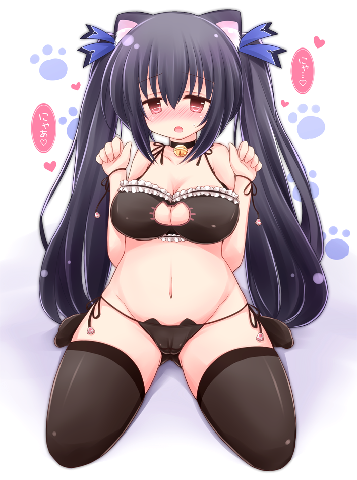 animal_ears animal_lingerie bare_shoulders bell bell_collar black_hair blush bra breasts cameltoe cat_cutout cat_ear_panties cat_keyhole_bra cat_lingerie choker choujigen_game_neptune cleavage cleavage_cutout clothing clothing_cutout female female_only hair_ornament jingle_bell keyhole_bra lingerie long_hair looking_at_viewer medium_breasts meme_attire navel nekomimi neptunia_(series) noire open_mouth pantsu red_eyes ribbon sekiri side-tie_panties solo thighhighs tied_hair twintails underwear underwear_only