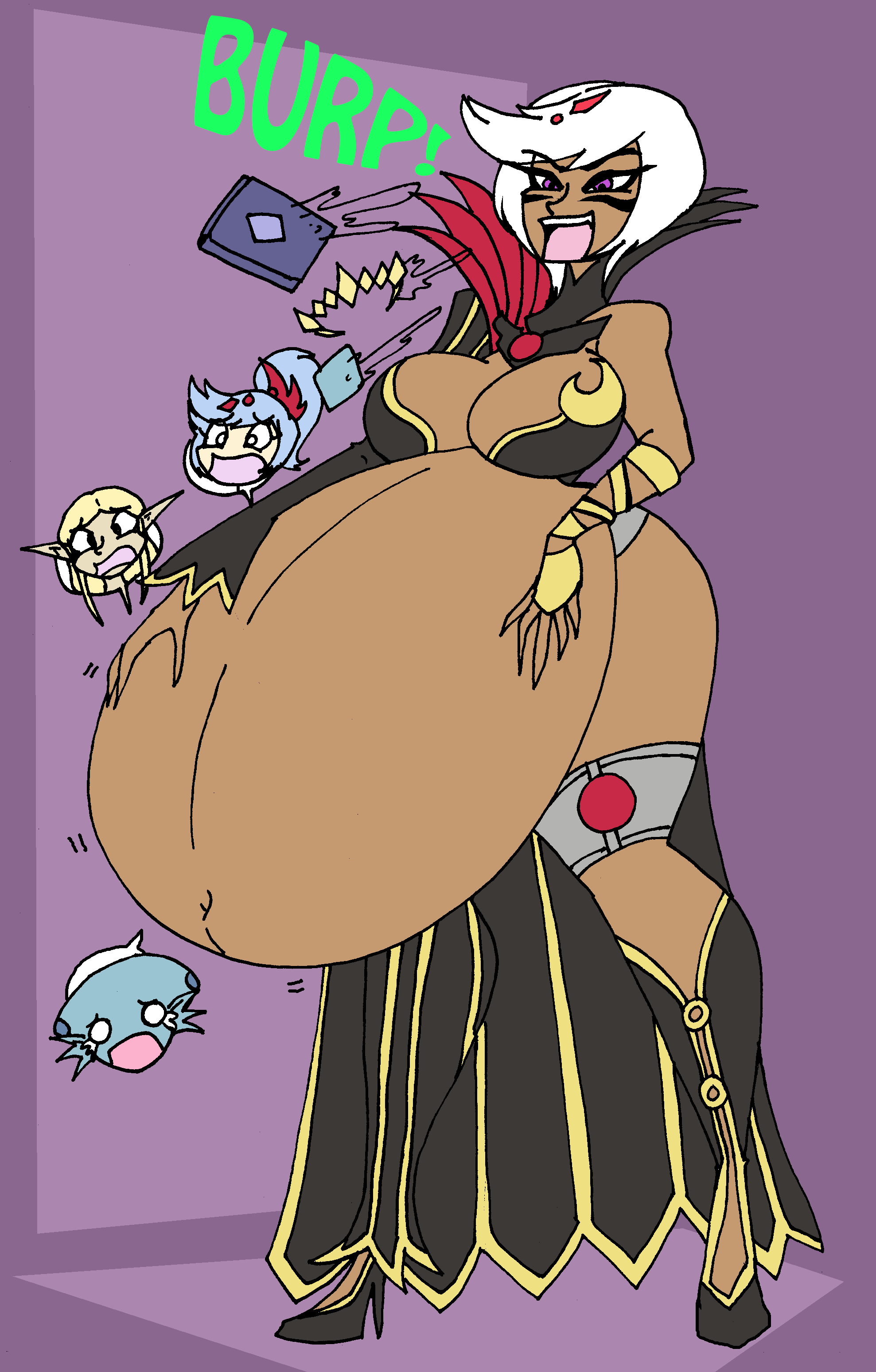 belly big_belly burp burping burping_up_items cia_(the_legend_of_zelda) cleavage da-fuze dark-skinned_female dark_skin female female_focus hand_on_belly hyrule_warriors large_belly same_size_vore sister_pred sister_prey vore white_hair