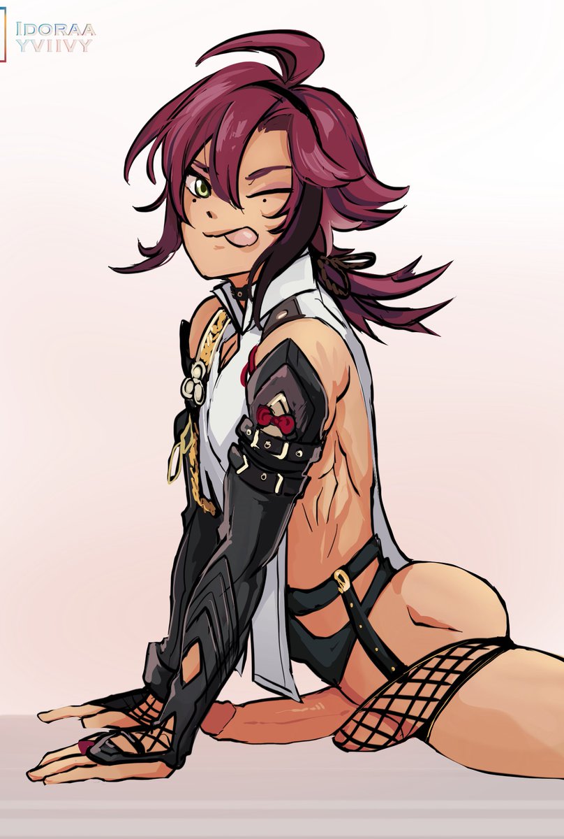 1boy, ass, balls, balls in underwear, bubble ass, bubble butt, choker, erection, fingerless gloves, fishnet underwear, fishnets, gay, genshin impact, green eyes, lilprincyvi, male, male only, moan, pantless, penis, ponytail, purple hair, shikanoin heizou, sideless outfit, solo, solo male, tongue, tongue out, winking, yaoi
