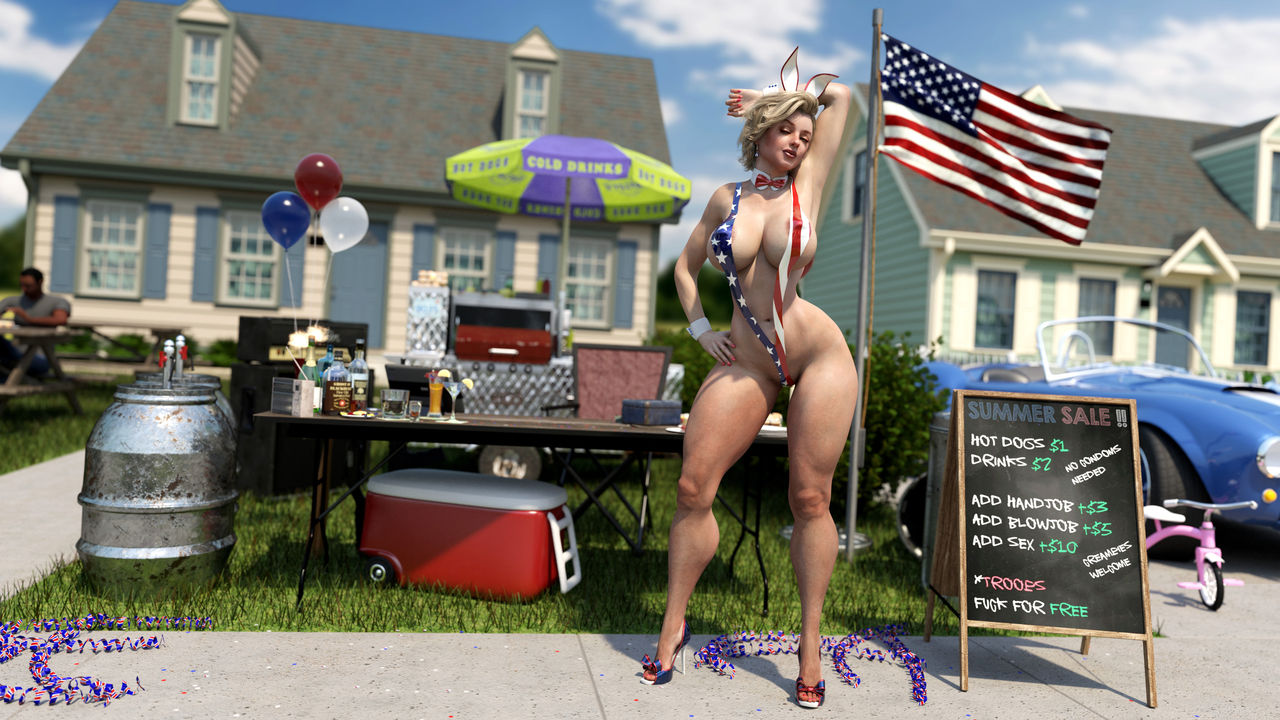 1950s, 3d, 50s, american flag, american flag bikini, ass, blonde hair, breasts, dark skin, dark-skinned male, female, huge ass, huge breasts, lipstick, looking at viewer, male, marilyn monroe, milf, mole, national personification, outdoors, posing, red lipstick, seductive, seductive look, seductive smile, short hair, sling bikini, zz2tommy