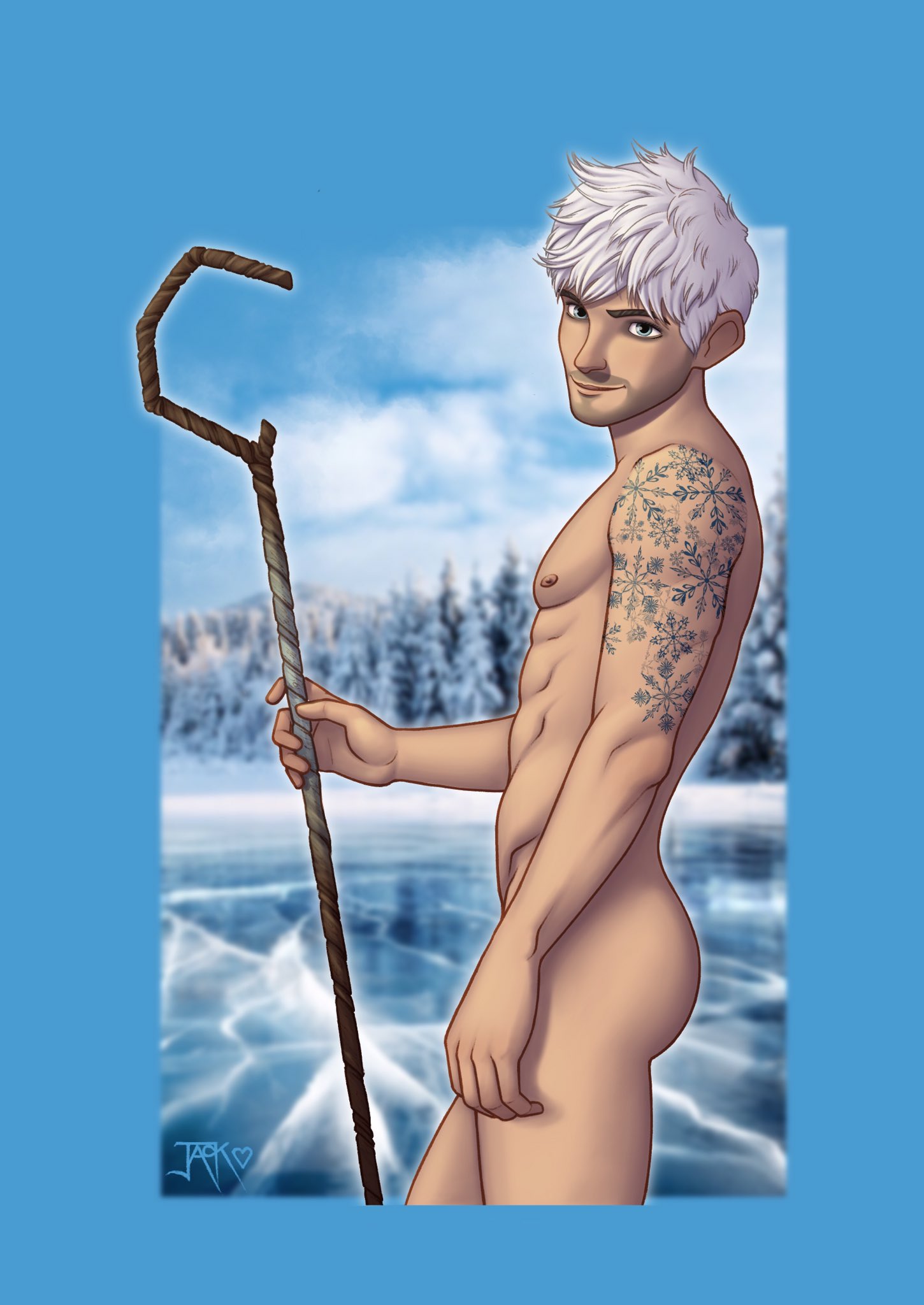 1boy, ass, caucasian, caucasian male, jack frost, jack frost (rise of the guardians), jack off hearts, lean muscle, male, male only, muscles, no visible genitalia, rise of the guardians, smirk, staff, tattoos
