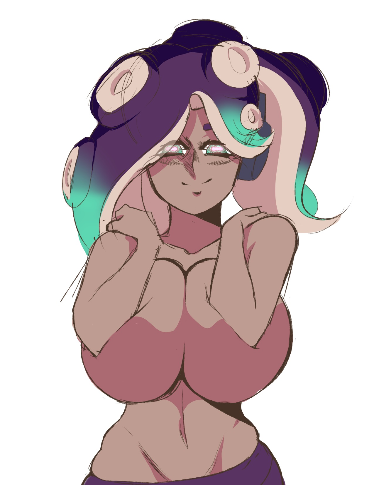 1girls, breasts, dark skin, dark-skinned female, female, female only, huge breasts, looking at viewer, marina (splatoon), nintendo, nude, octoling, roumgu, solo, solo female, splatoon, splatoon 2, tentacle hair