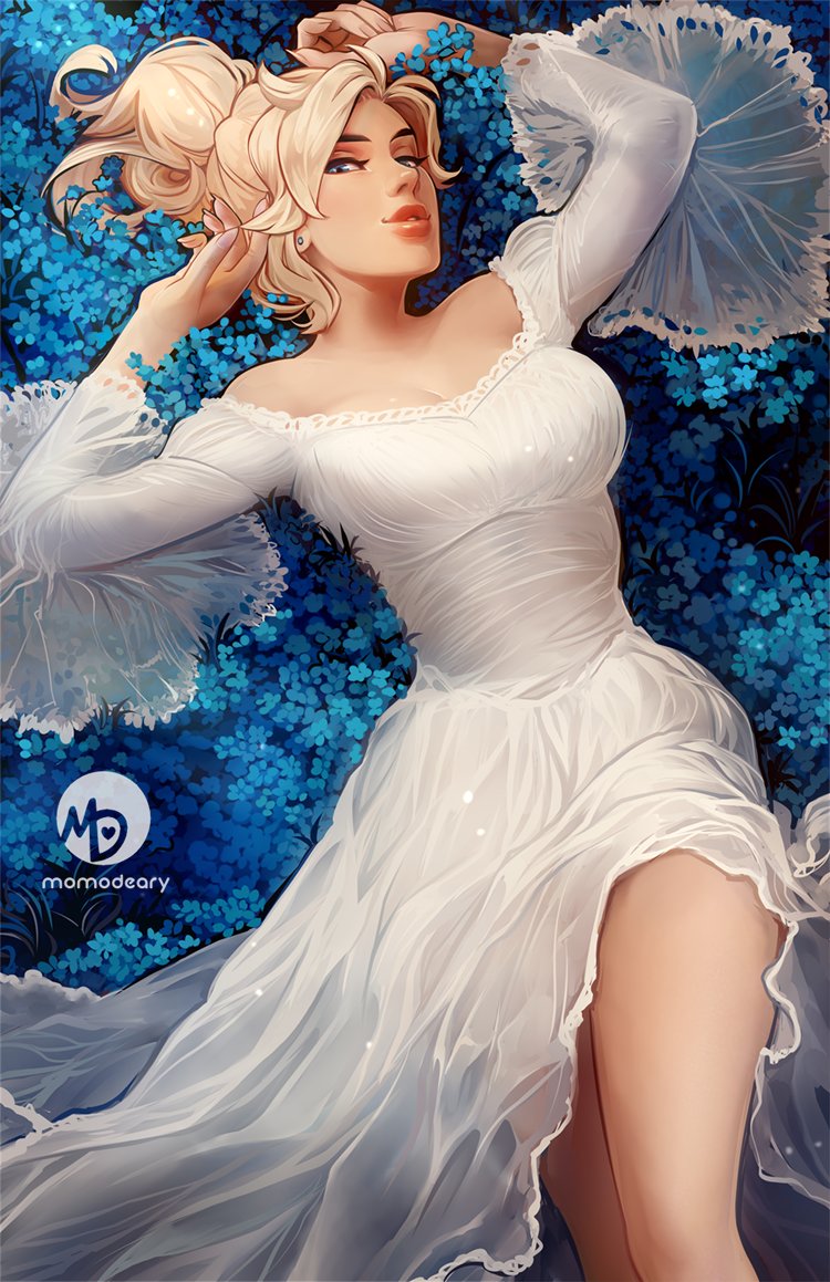 blue_eyes cleavage dress female large_breasts lips mercy momodeary overwatch platinum_blonde_hair seductive solo white_dress