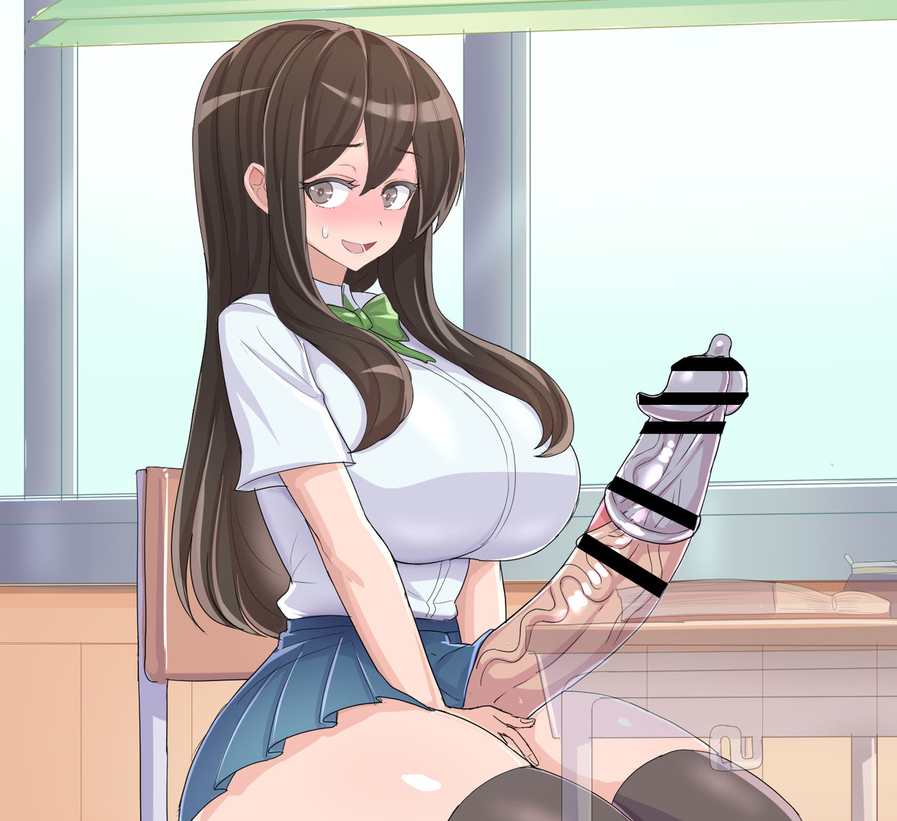 ass, blacktan, blue eyes, blush, blushing, book, breasts, brown eyes, brown hair, censored, condom, condom on penis, desk, erection, erection under clothes, erection under skirt, female, futanari, hands in lap, horny, horny futa, horny sub, huge breasts, hyper penis, intersex, large ass, large breasts, large penis, light skin, light-skinned futa, long hair, long penis, looking at viewer, penis, retracted foreskin, school, school desk, school uniform, schoolgirl, skirt, smile, smiling at viewer, solo futa, thick ass, thick thighs, thighhighs