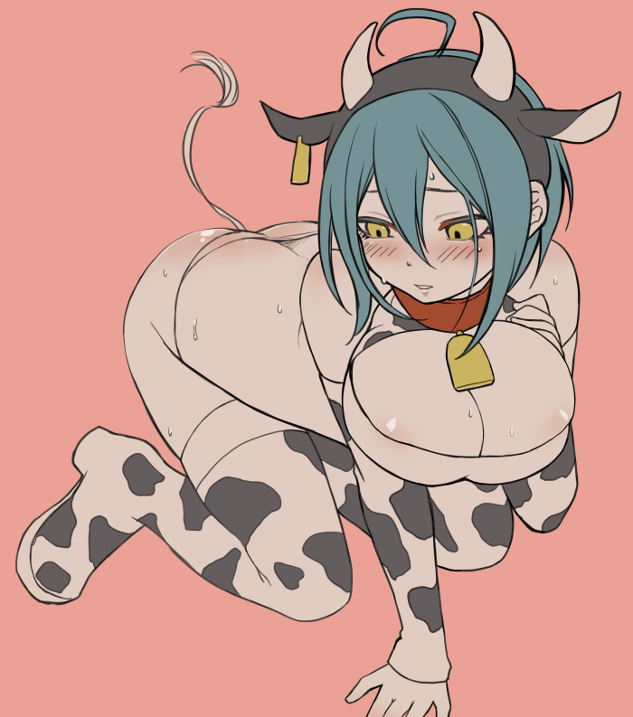 1girls areola_slip areolae blue_hair blush breasts cleavage cow_ears cow_girl cow_horns cow_print cow_tail cowbell danganronpa danganronpa_v3 embarrassed female female_only genderswap_(mtf) iberico large_breasts looking_away rule_63 saihara_shuuichi short_hair shy solo straight_hair thighhighs yellow_eyes