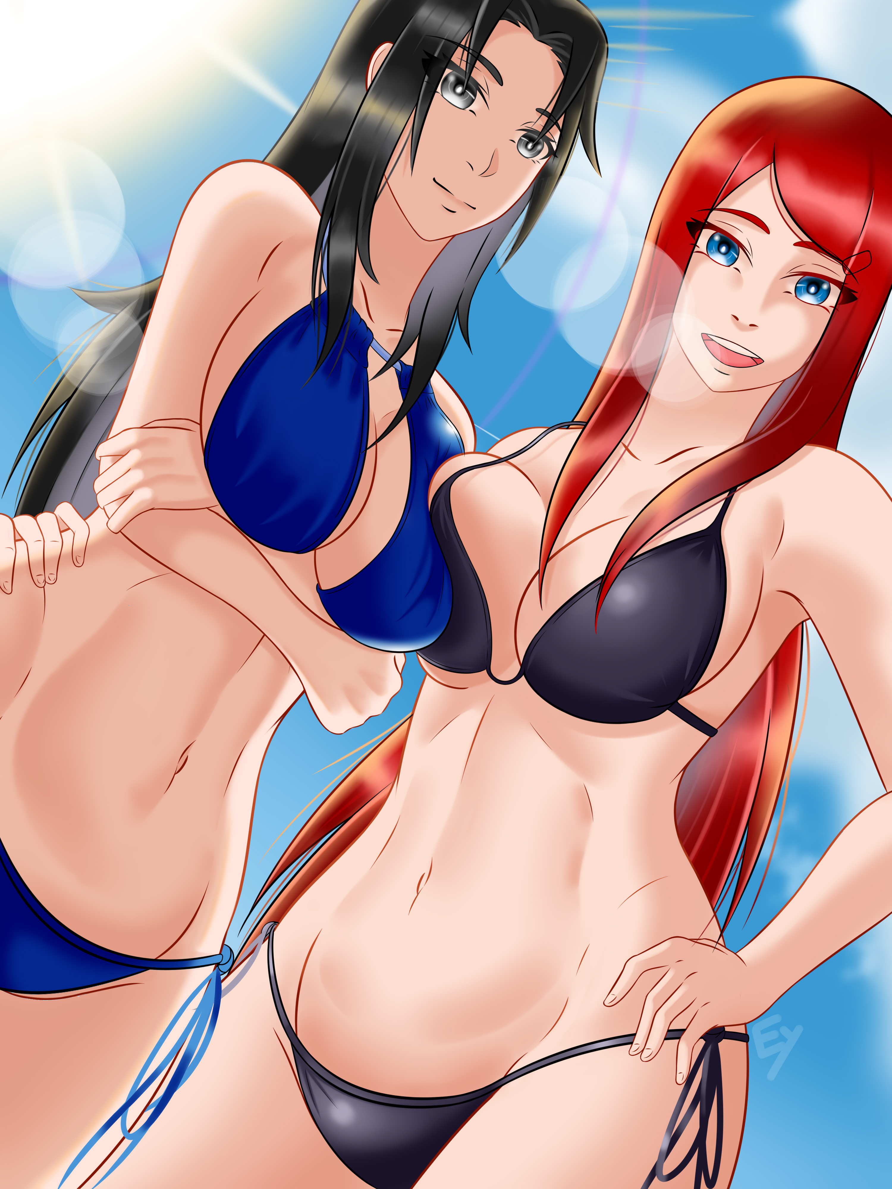 2girls, 2milfs, arms under breasts, asymmetrical docking, bare arms, bare legs, bare midriff, bare shoulders, bare thighs, big breasts, bikini, black bikini, black eyes, blue bikini, blue eyes, blue sky, breast to breast, breasts, bust, busty, center opening, clouds, crossed arms, curvaceous, curvy, curvy body, curvy female, curvy figure, eyebrows visible through hair, eyk01, female, female only, friends, hair ornament, hairclip, hand on arm, hand on waist, huge breasts, large breasts, light particles, light skin, light-skinned female, looking at viewer, mature, mature female, midriff, milf, milfs, multiple females, multiple girls, naruto, naruto (series), naruto shippuden, open mouth, open smile, oppai, parted bangs, pelvic curtain, red hair, shiny, shiny hair, shiny skin, side-tie bikini, sky, sunlight, swimsuit, take your pick, uchiha mikoto, uzumaki kushina, very long hair, voluptuous, waist grab, wide hips