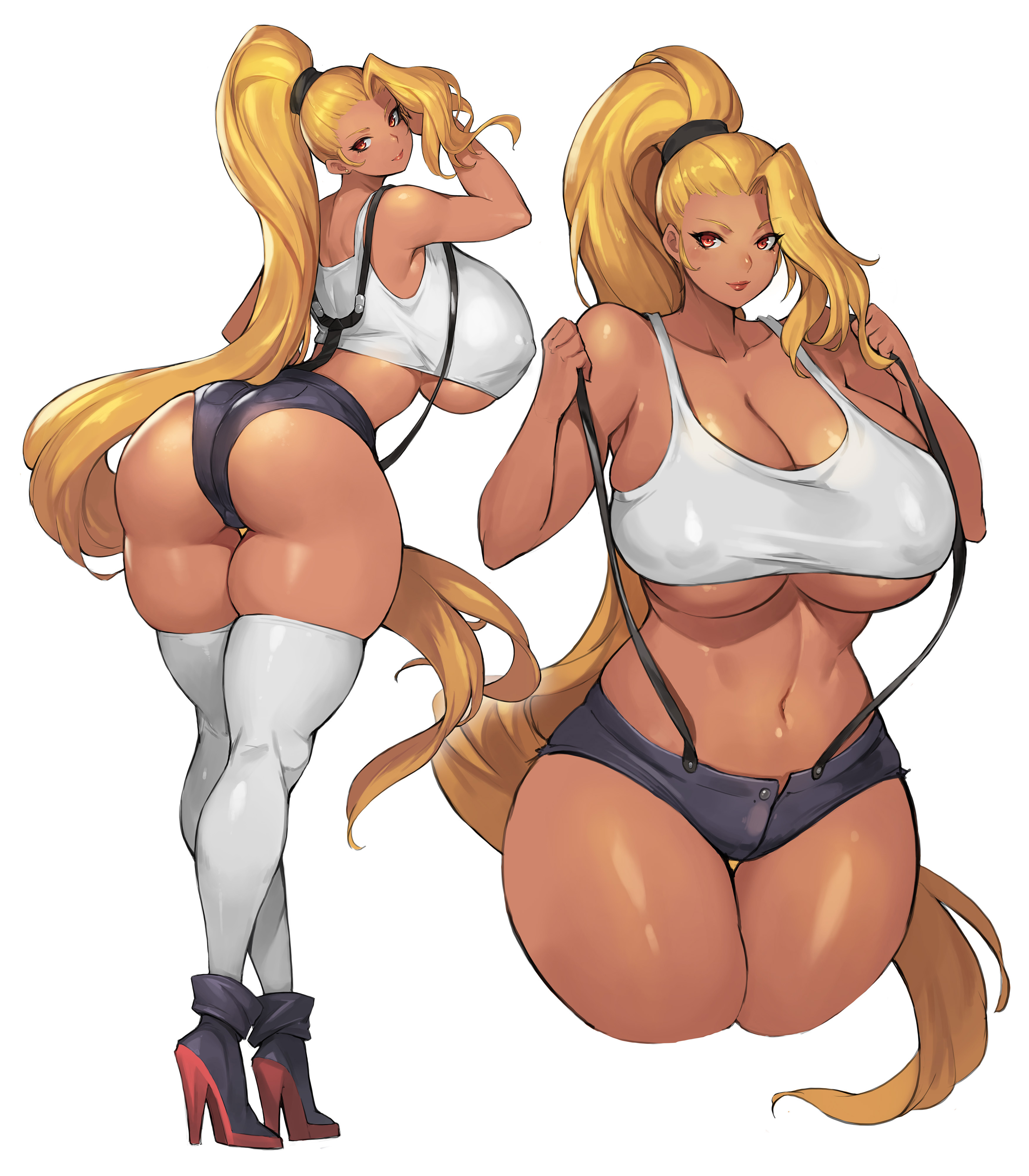 1girls, amber eyes, arched back, ass, bare arms, bare midriff, bare shoulders, bare thighs, barely visible genitalia, belly button, blonde hair, booty shorts, breasts, cameltoe, cleavage, collarbone, dark skin, dark-skinned female, fat ass, female, female focus, female only, gurimjang, gyaru, heels, high heels, kuro gyaru, large breasts, lipstick, long ponytail, looking at viewer, midriff, midriff baring shirt, navel, navel line, nipple bulge, nipples visible through clothing, plump, ponytail, pussy, short shorts, shorts, solo, tan skin, tank top, thick ass, thick thighs, thigh gap, thighhighs, thighs, tomboy, underboob, workout clothes