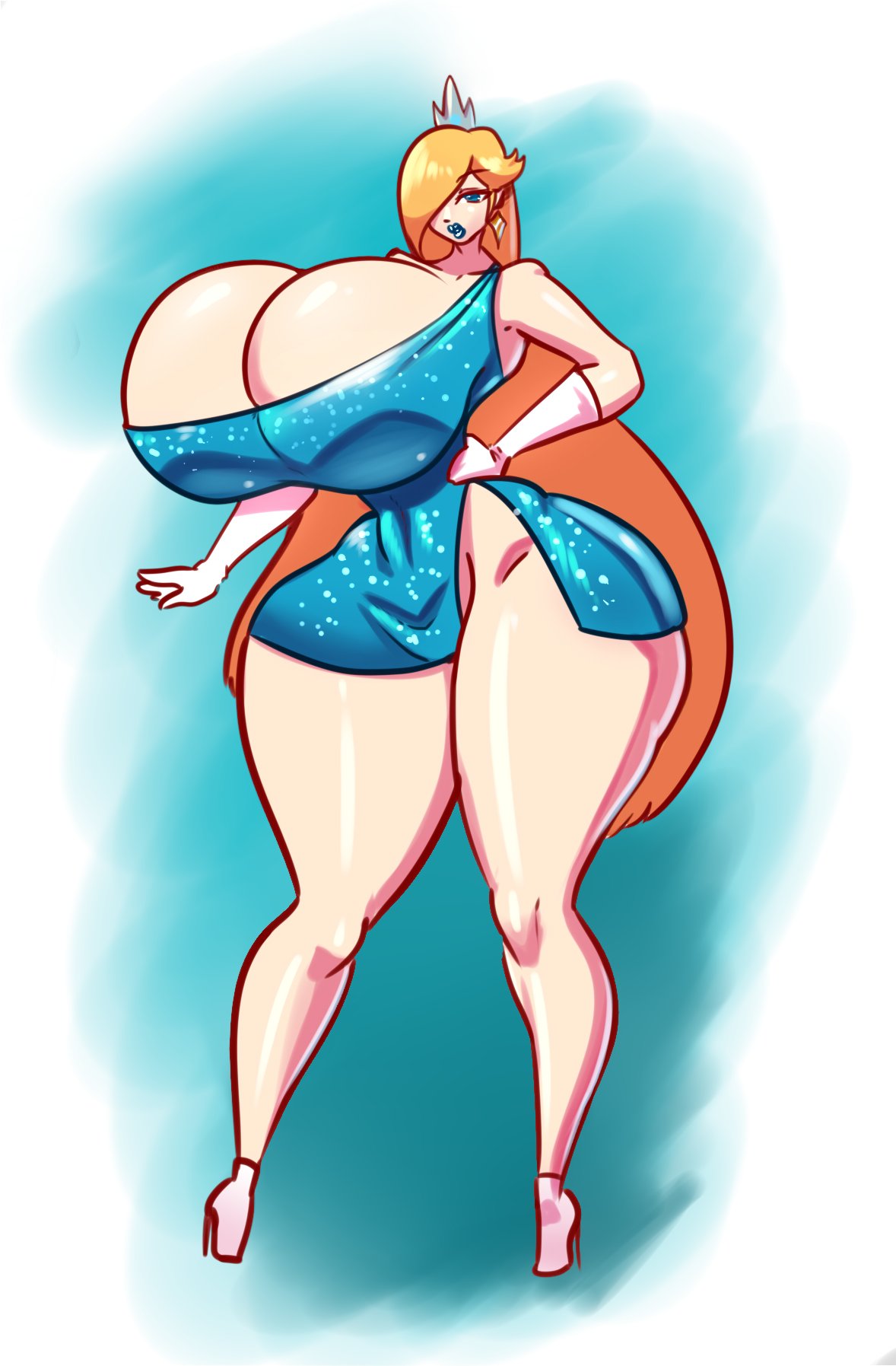ass, ass bigger than head, big ass, big breasts, bimbo, boob window, breasts, breasts bigger than head, clothed, female, female only, huge ass, huge breasts, hyper ass, hyper breasts, mario (series), nintendo, no bra, no underwear, princess rosalina, schnauzercito, sideass, thin waist, useless clothing