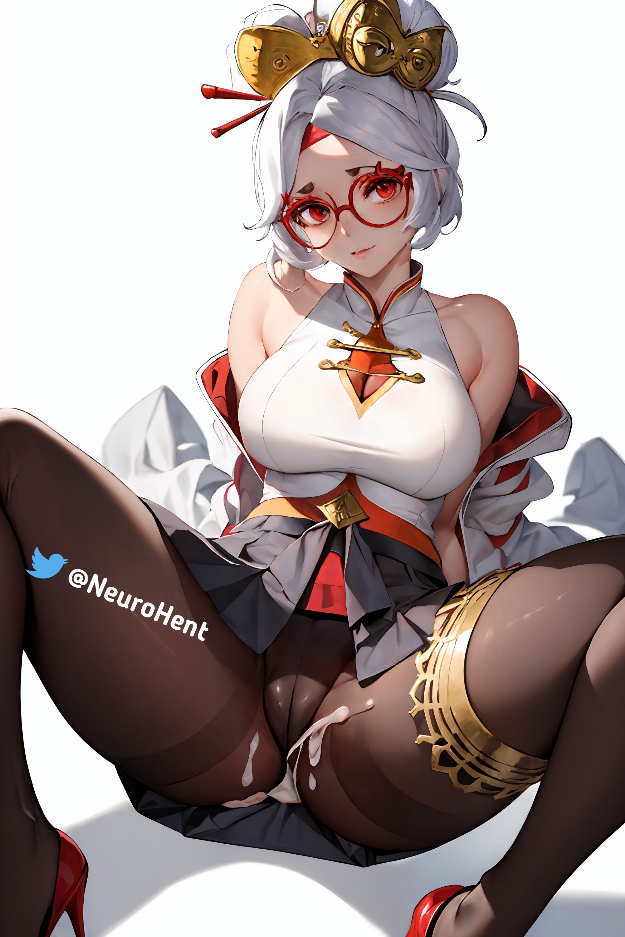 1girls, ai generated, breasts, cameltoe, cum, female, female only, glasses, hair, heels, leggings, legs, looking at viewer, purah, purah (tears of the kingdom), pussy, red eyes, skirt, solo, spread legs, tears of the kingdom, the legend of zelda, white hair