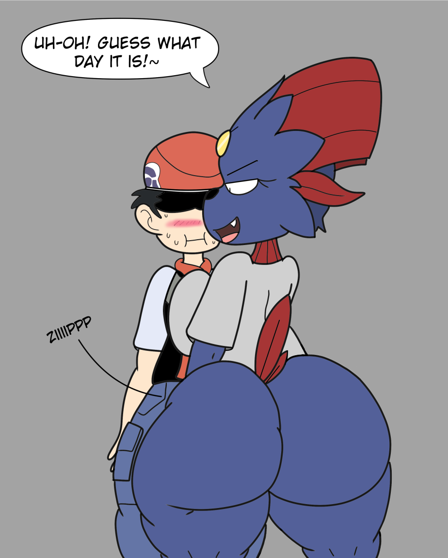 big_butt crackalacking curvy_figure gray_background hashidoodle human lucas_(pokemon) mammal nintendo pokemon pokemon_(species) pokemon_focus simple_background trainer/pokemon weavile