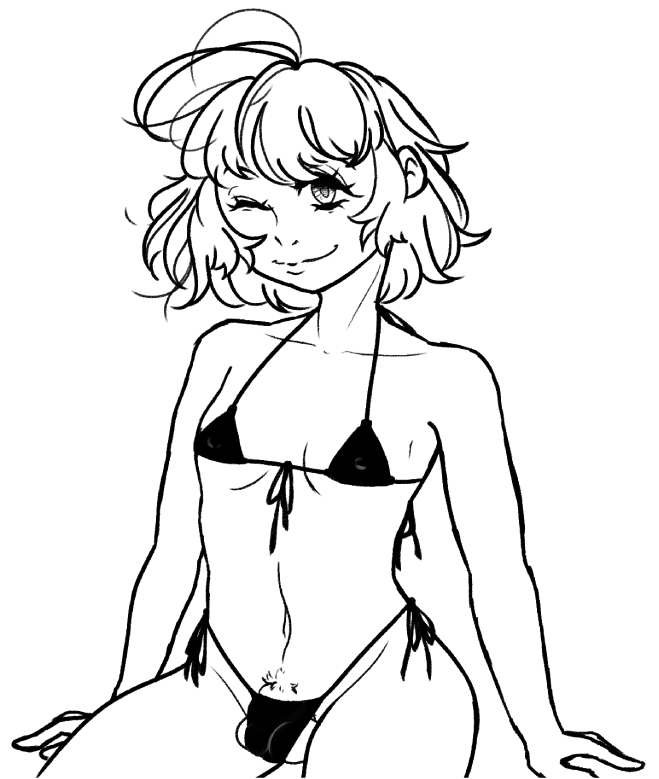 balls balls_under_clothes ballsack belly_button bikini cute_eyes flat_chest flat_chested futa_only futanari hard_nipples monochrome nipple_bulge nipples nipples_visible_through_clothing no_color oc paranoiak_(artist) pubic_hair short_hair sketch slim small_breasts thick_ass thick_thighs wink winking winking_at_viewer