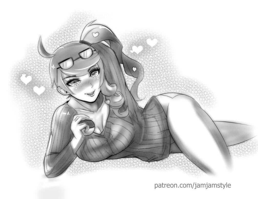 alluring assistant blush breasts female female_only game_freak glasses glasses_on_head jamjamstyle monochrome nintendo pokeball pokemon pokemon_ss seductive_pose seductively_holding_pokeball solo sonia_(pokemon) thighs voluptuous