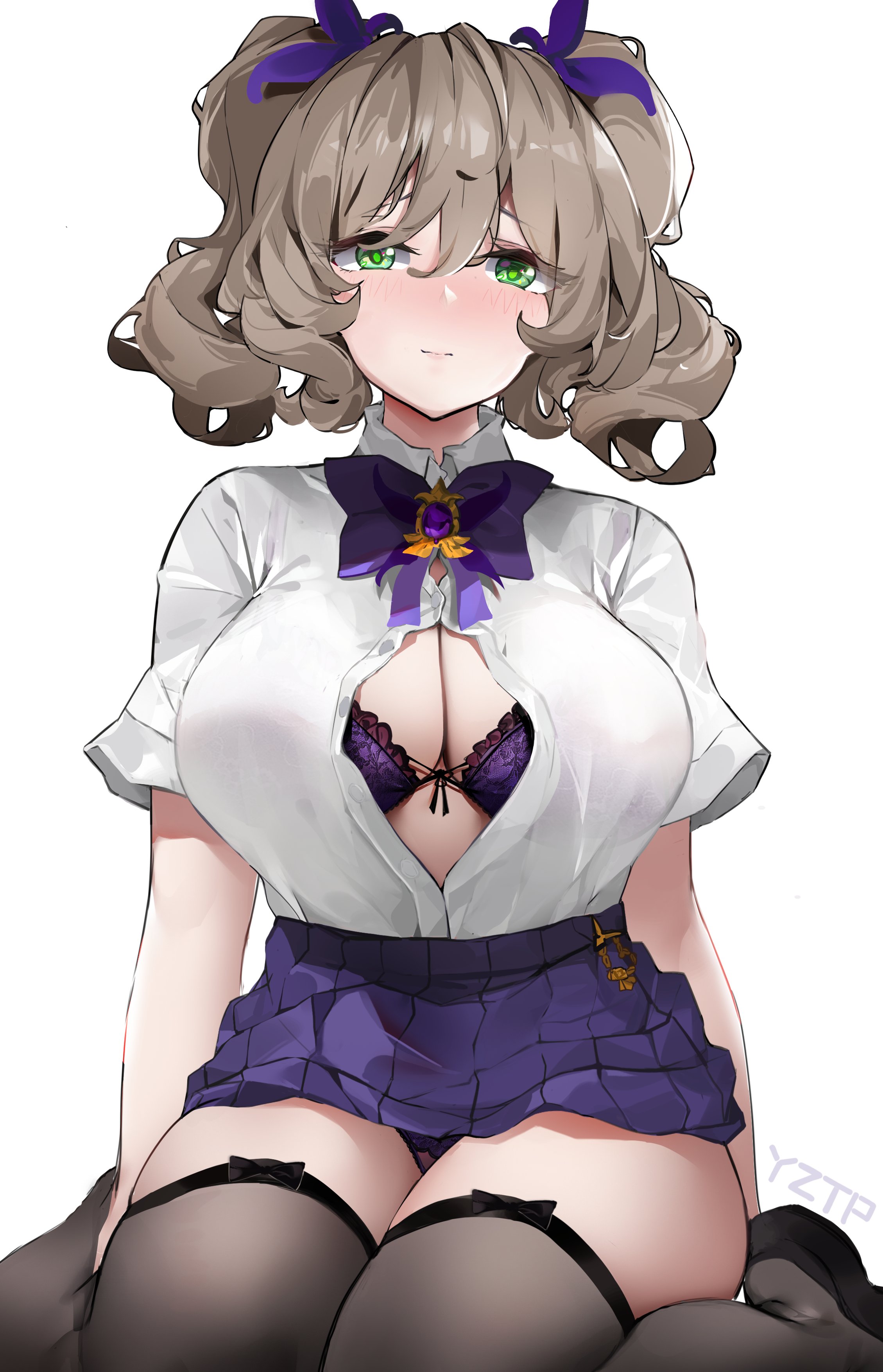 1girls, alternate hairstyle, black legwear, black panties, bow, bowtie, bra, breasts, brown hair, cleavage, female, genshin impact, green eyes, highres, huge breasts, lisa (genshin impact), looking at viewer, partially unbuttoned, purple bra, purple skirt, short hair, simple background, sitting, skirt, solo, thighhighs, unbuttoned, unbuttoned shirt, white background, white shirt, yztp