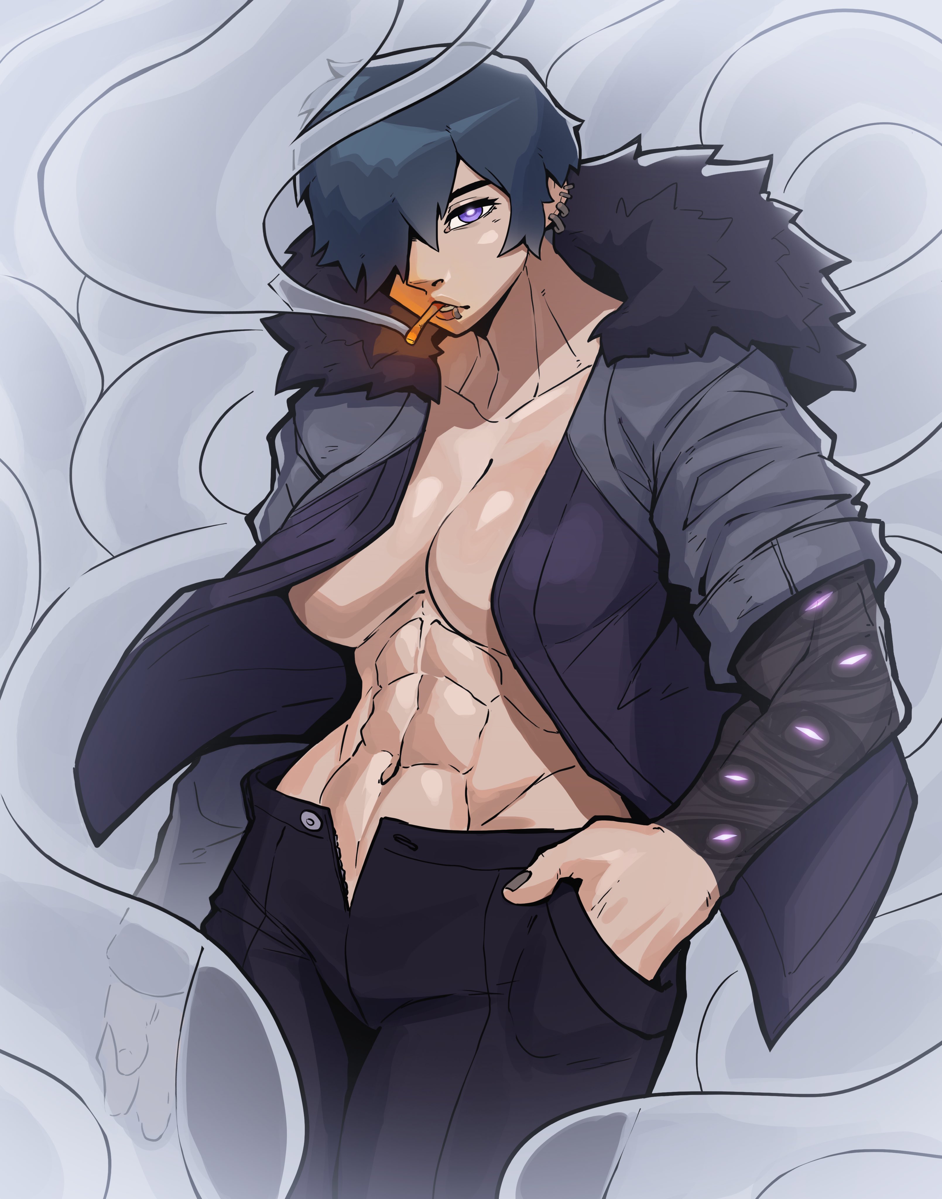abs, athletic, athletic female, blue eyes, blue hair, ceehaz, cigarette, cleavage, clothed, clothing, ear piercing, female, lip piercing, looking at viewer, muscular, muscular female, original character, pants, piercing, purple eyes, short hair, sleeve tattoo, smoke, smoking, solo, tattoo, tess (sotchosis)