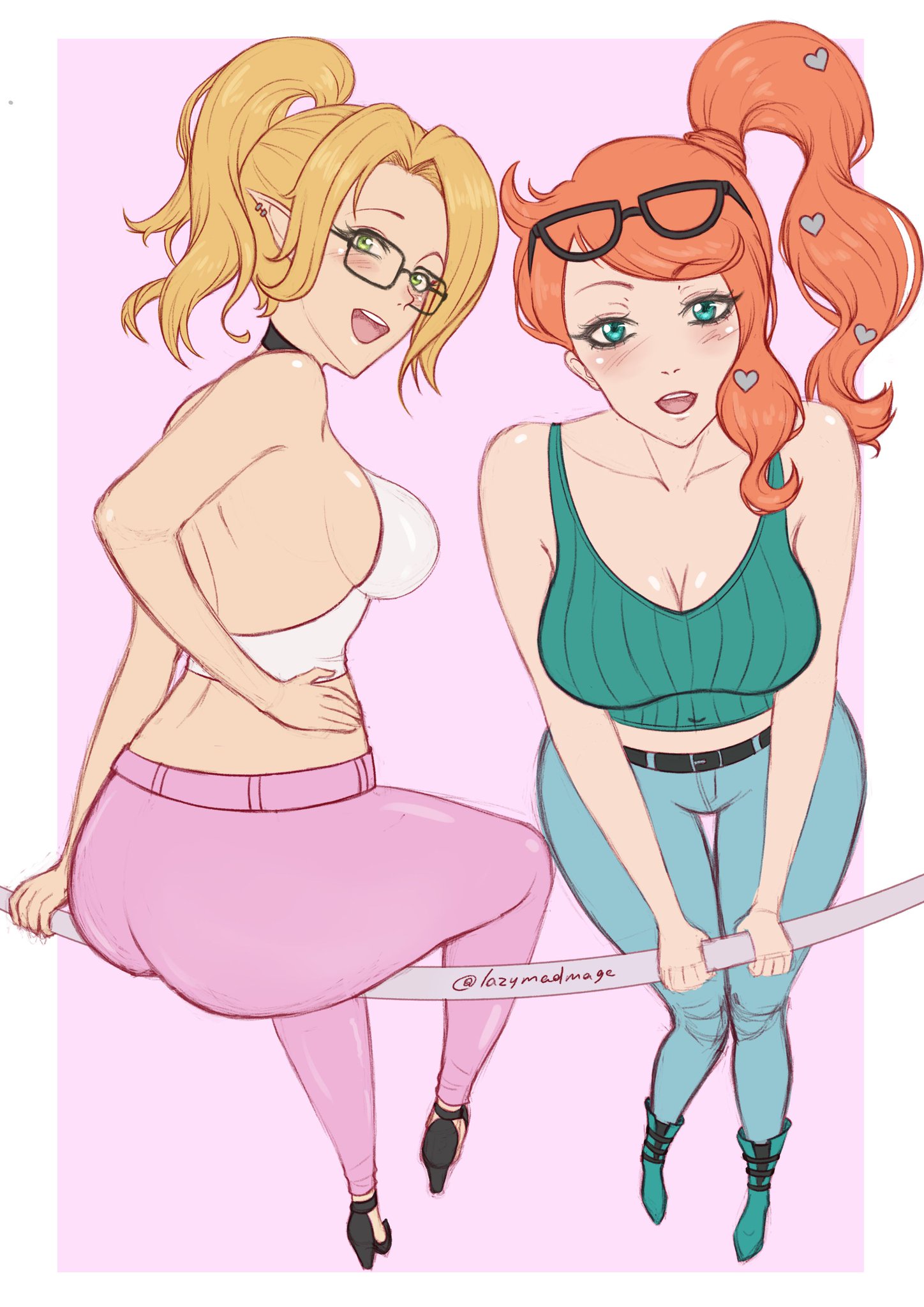 2girls, ass, blonde hair, breasts, female, game freak, glasses, glasses on head, lazymadmage, legwear, light skin, light-skinned female, looking at viewer, nintendo, original character, pokemon, pokemon ss, sonia (pokemon), tank top, thighs, voluptuous