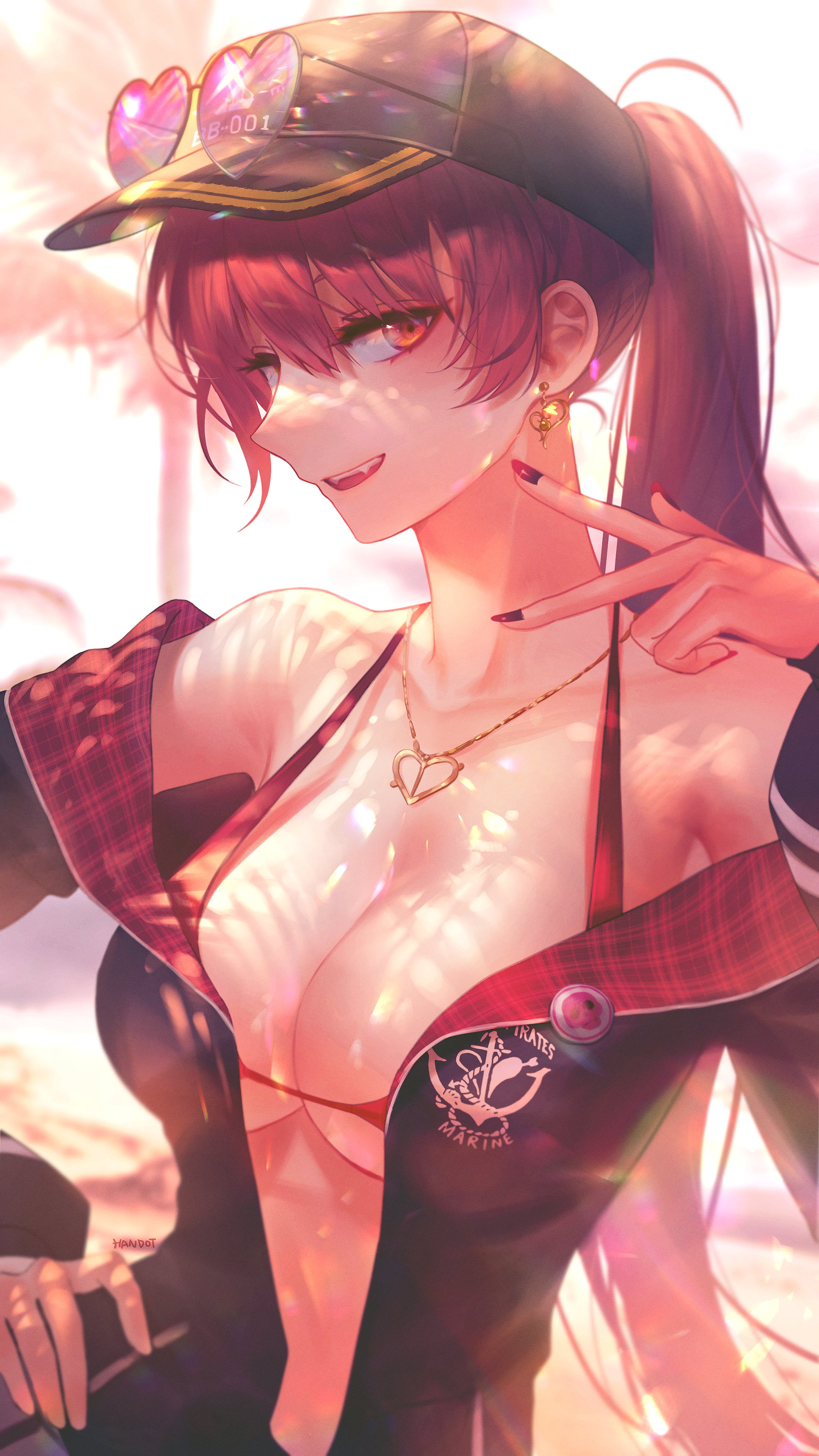 1girls, breasts, breasts out, fangs, female, handot, hololive, hololive fantasy, hololive japan, houshou marine, jacket open, peace sign, ponytail, red hair, red nails, seductive, solo, sunglasses on hat, virtual youtuber