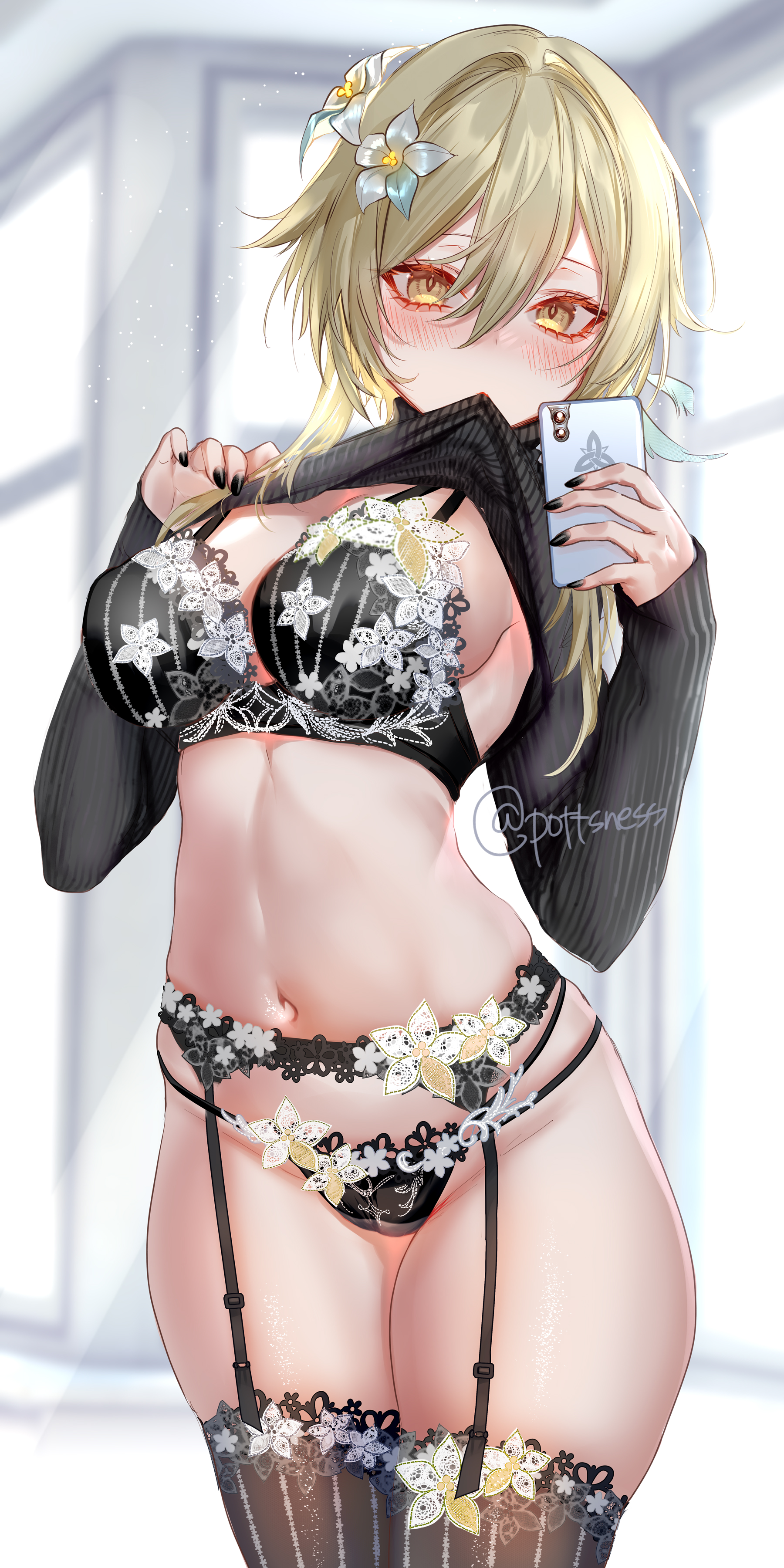 1girls, absurdres, black legwear, blonde hair, bra, breasts, cellphone, female, garter straps, genshin impact, hair flower, hair ornament, highres, huge breasts, large breasts, lumine (genshin impact), navel, phone, pottsness, presenting, shirt lift, short hair, solo, standing, stockings, sweater, thick thighs, thighhighs, thighs, underwear, yellow eyes