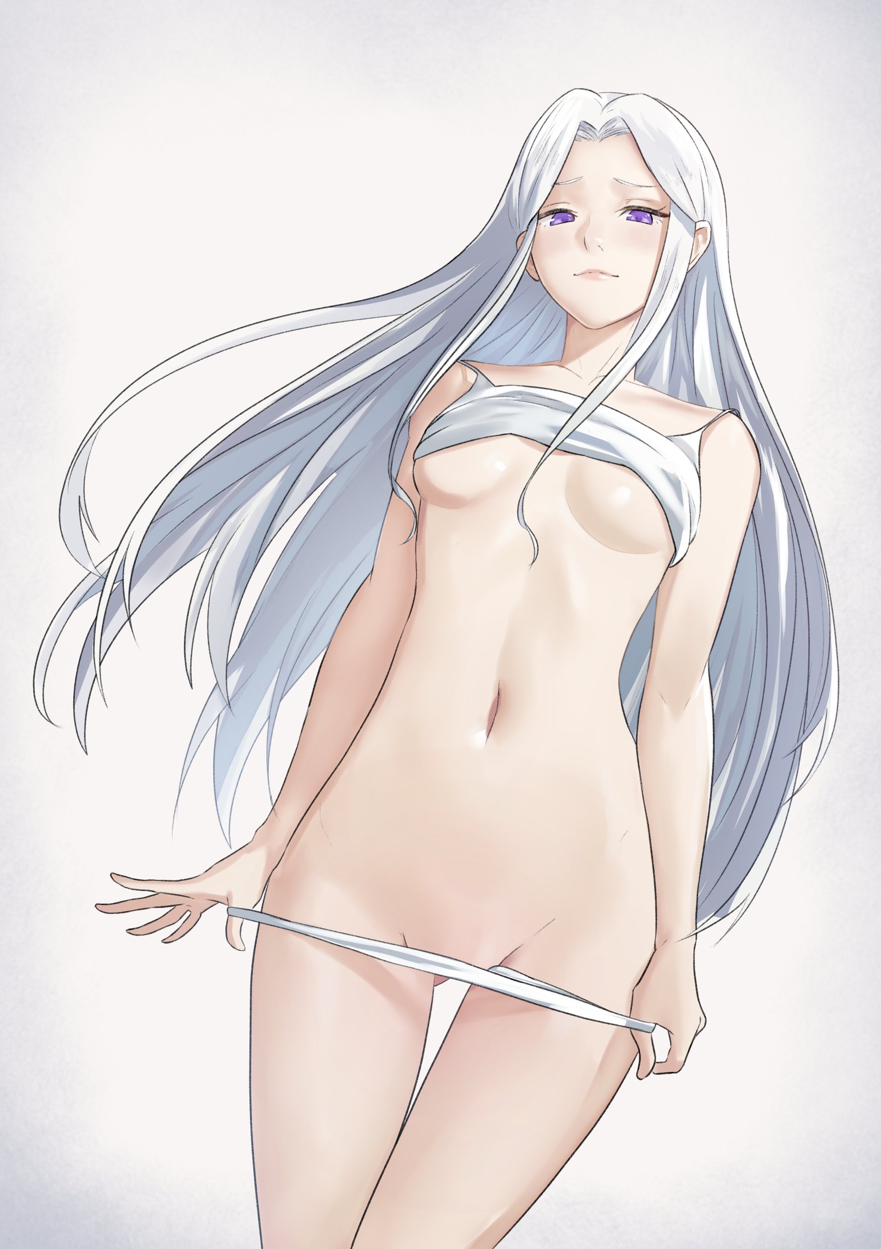 1girls, absurdres, bra, bra lift, breasts, covering, cowboy shot, dutch angle, edelgard von hresvelg, female, female only, fire emblem, fire emblem: three houses, gradient, gradient background, highres, long hair, medium breasts, navel, nintendo, panties, panty pull, pomelomelon, purple eyes, small breasts, thigh gap, underwear, white hair, white panties