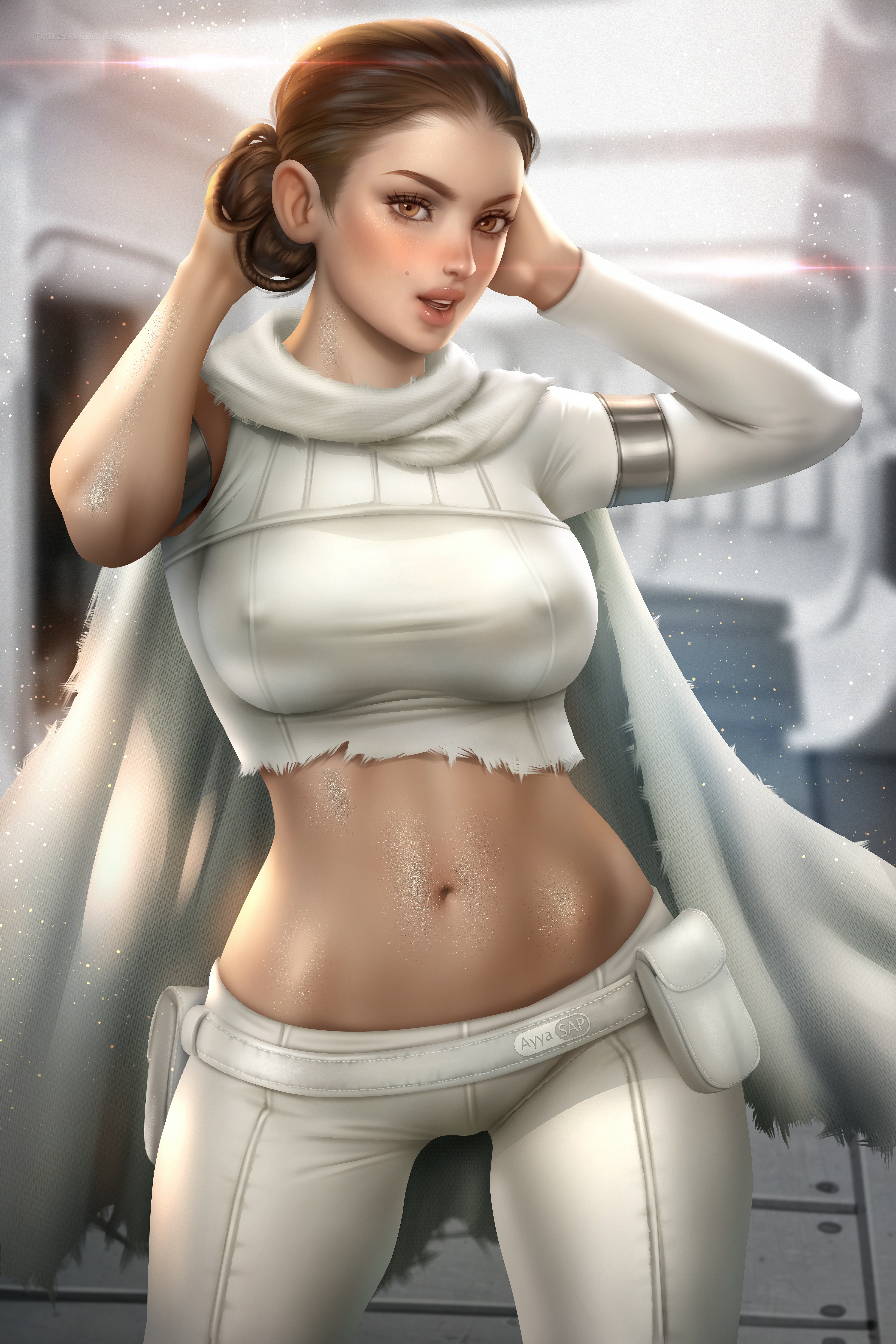 1girls, alternate breast size, attack of the clones, ayyasap, breasts, brown eyes, brown hair, female, female only, large breasts, lucasfilm, midriff, navel, nipple bulge, nipples visible through clothing, padme amidala, pinup, pokies, star wars, tied hair, torn clothes