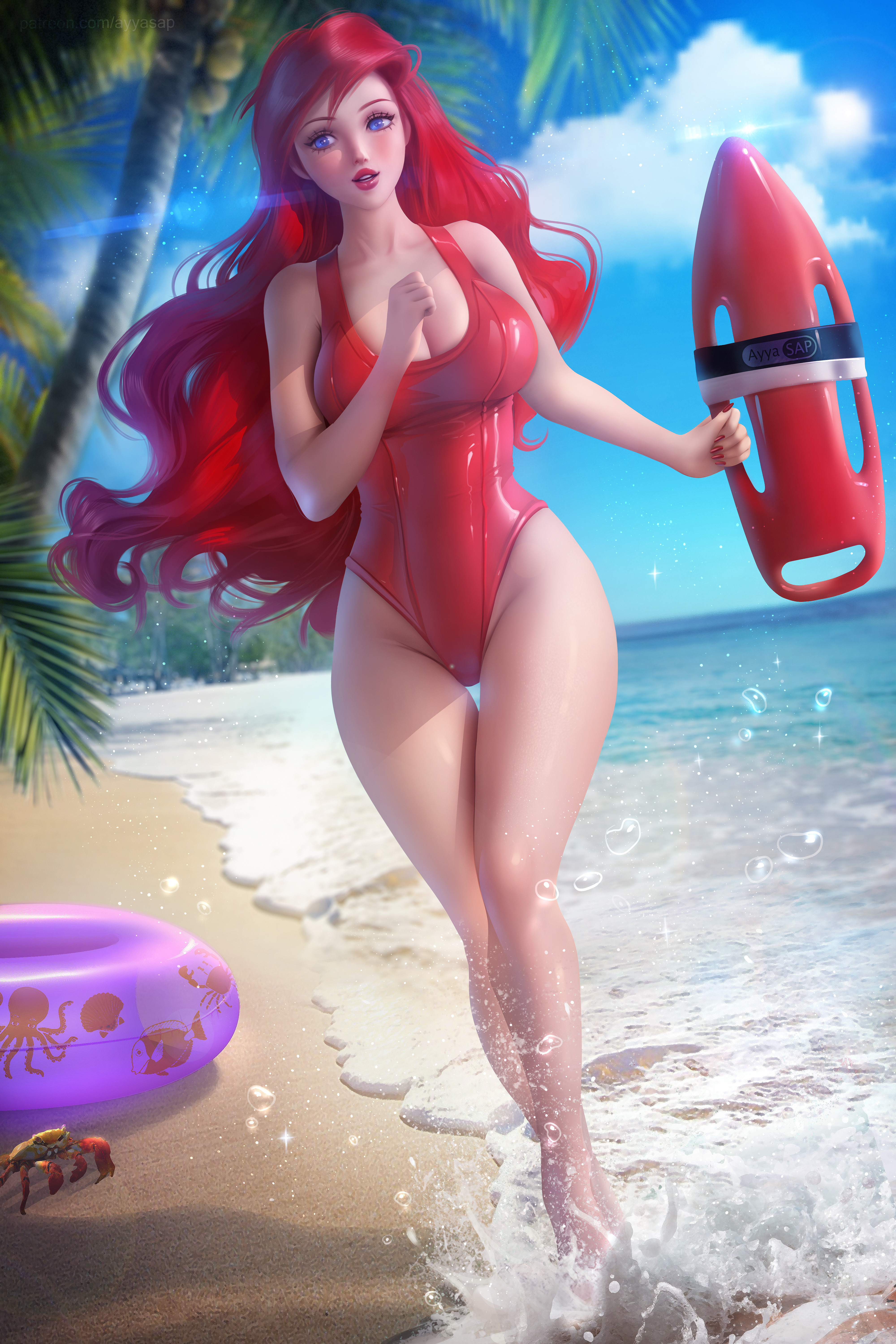 1girls, 2:3, ariel, ayyasap, baywatch (cosplay), baywatch (franchise), big breasts, blue eyes, breasts, cleavage, cosplay, disney, disney princess, female, female only, large breasts, lifeguard, lipstick, long hair, one-piece swimsuit, pinup, red hair, rescue buoy, running, solo, swimsuit, the little mermaid
