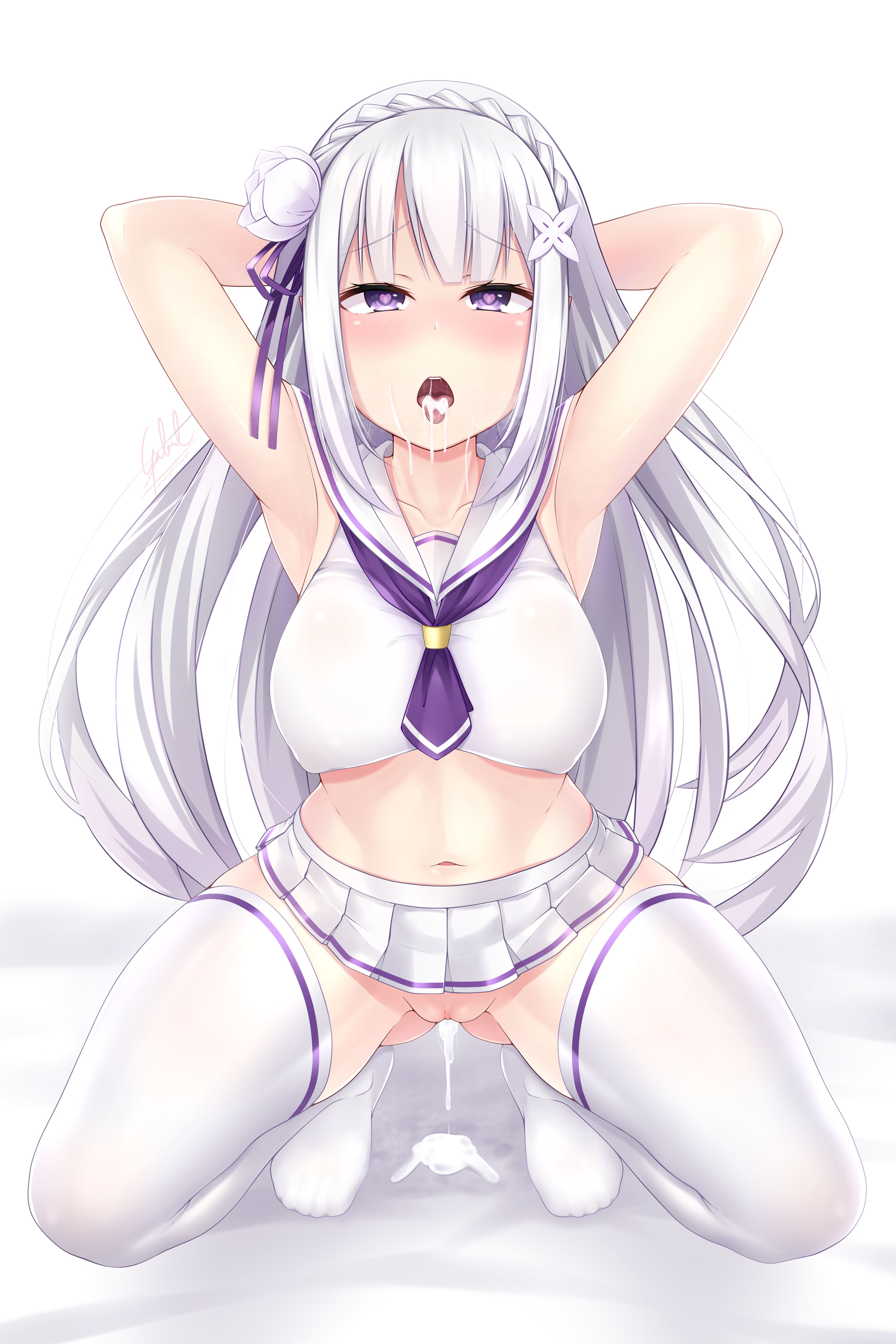 after blowjob, after deepthroat, after ejaculation, after fellatio, after oral, after sex, ahe gao, armpits, arms behind back, arms up, bangs, belly, belly button, big breasts, blush, blushing at viewer, braid, breasts, crown braid, cum, cum drip, cum dripping, cum dripping from mouth, cum dripping from pussy, cum dripping out of pussy, cum in mouth, cum in pussy, cum in vagina, cum inside, cum on bed, cum on face, cum on sheets, cum on tongue, dripping, dripping cum, dripping semen, elf, elf ears, elf female, elf girl, emilia (re:zero), erect nipples under clothes, erection under clothes, eyebrows raised, eyebrows visible through hair, female, female focus, female only, gabriel evangel, gabrielevangel, hair flower, hair ornament, half closed eyes, half dressed, half elf, half naked, half-closed eyes, half-elf, heart in eye, heart-shaped pupils, huge breasts, impregnation risk, large breasts, legwear, lifted skirt, long hair, looking at viewer, miniskirt, neckwear, no shirt, on bed, open eyes, open mouth, pointy ears, purple eyes, pussy, re:zero kara hajimeru isekai seikatsu, sailor uniform, semen, sheets, silver hair, simple background, skirt, skirt lift, solo, solo female, solo focus, squatting, stomach, thighhighs, tongue, tongue out, top, topwear, upper teeth, upskirt, white background, white clothing, white flower, white hair, white legwear, white neckwear, white thighhighs, white topwear, wide hips, x hair ornament