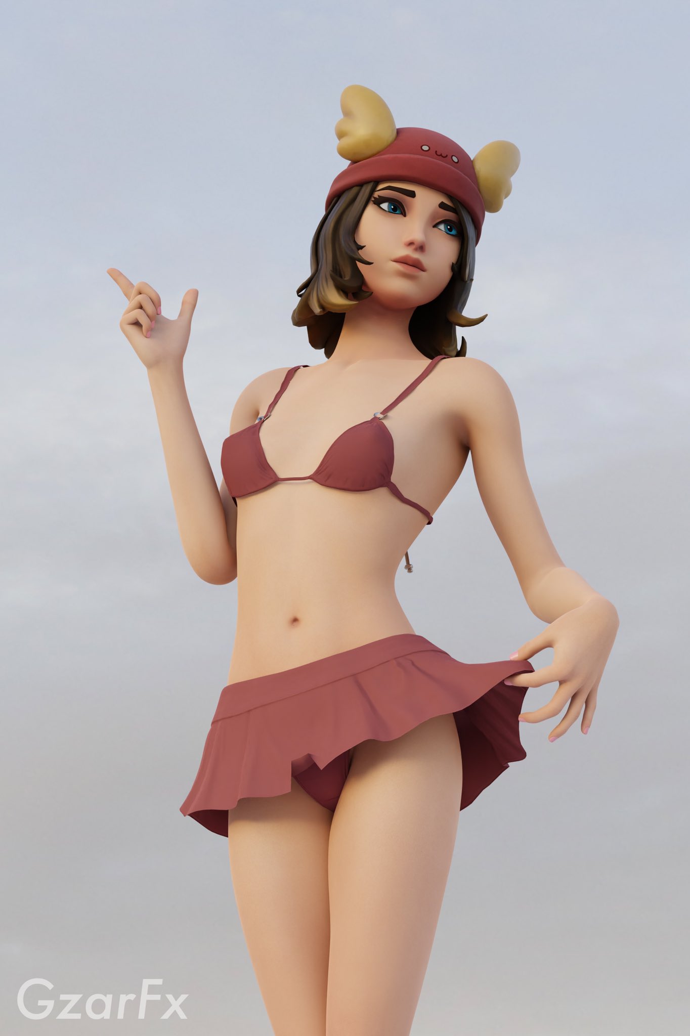 1girls 3d bikini bikini_top blender blue_eyes bra brown_hair brown_hair clothed female female_only fortnite gzarfx light-skinned_female light_skin panties skirt skirt_lift skye_(fortnite) solo watermark