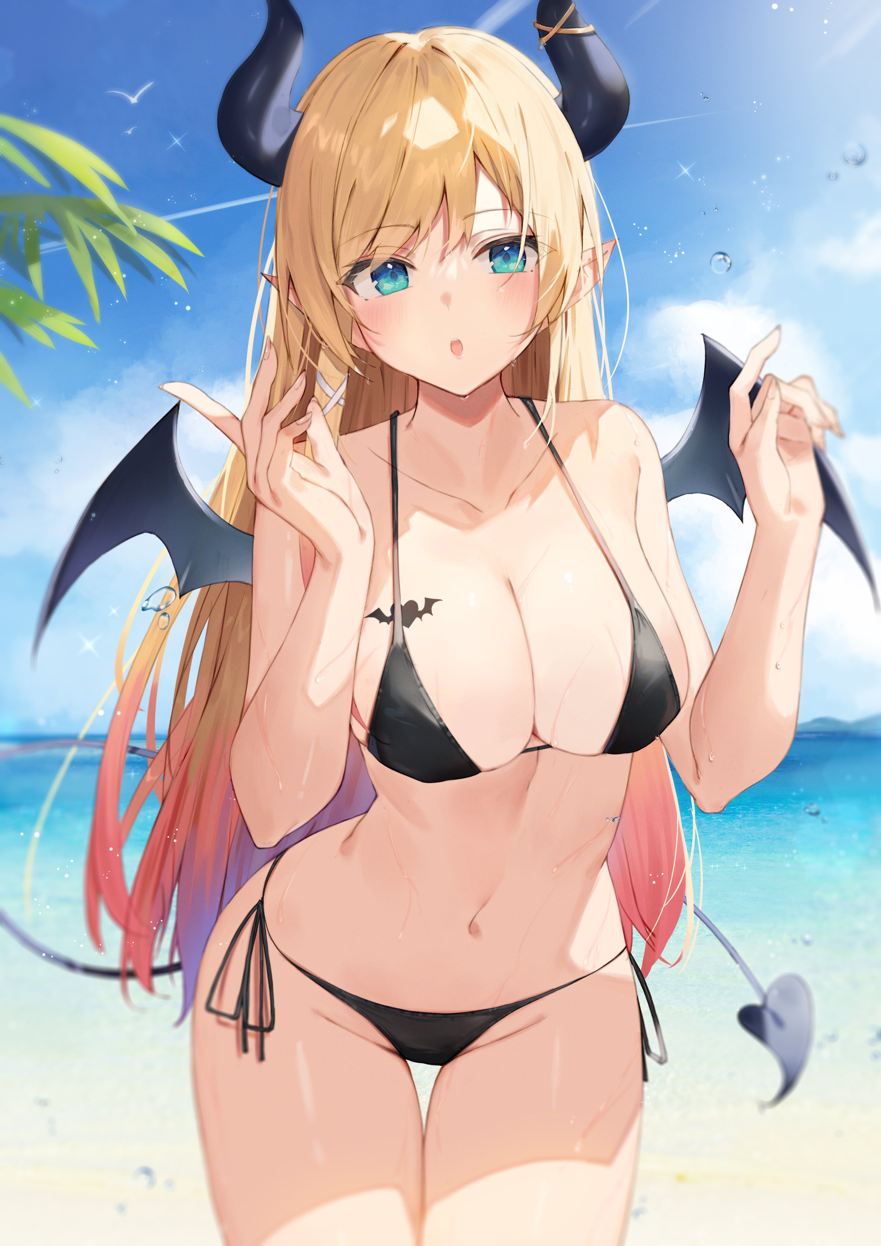 1girls, aqua eyes, artist request, beach, bikini, black bikini, black swimsuit, blonde hair, blue eyes, breasts, cleavage, collarbone, demon, demon girl, demon horns, demon tail, demon wings, female, hololive, hololive gen 2, hololive japan, horn, huge breasts, large breasts, long hair, looking at viewer, navel, open mouth, pointy ears, solo, standing, succubus, swimsuit, tail, thigh gap, thighs, virtual youtuber, wings, yuzuki choco