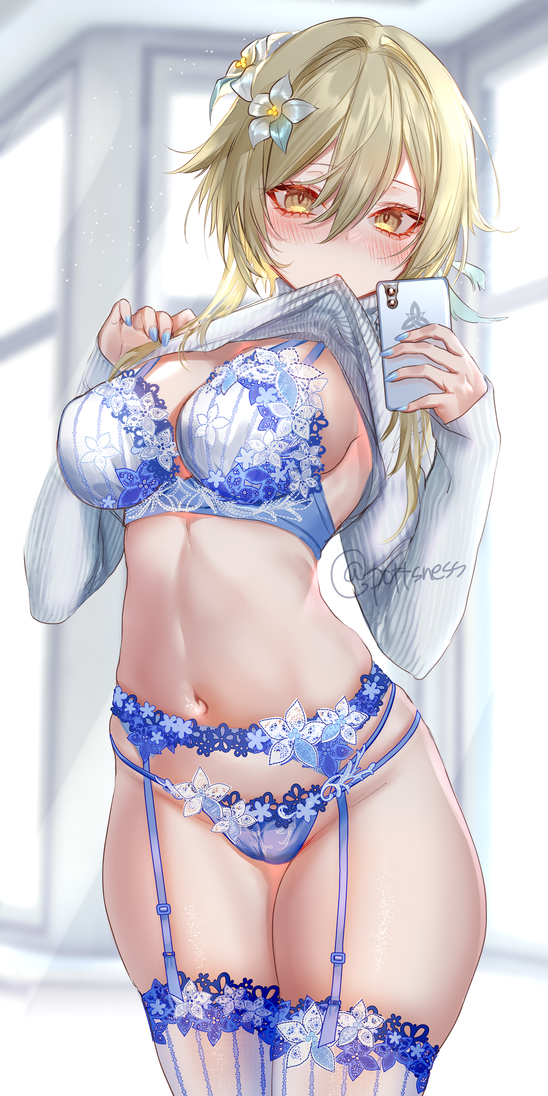 1girls, absurdres, blonde hair, blue legwear, bra, breasts, cellphone, female, female only, garter belt, garter straps, genshin impact, hair flower, hair ornament, highres, huge breasts, large breasts, lumine (genshin impact), navel, phone, pottsness, shirt lift, short hair, solo, standing, stockings, sweater, thick thighs, thighhighs, thighs, underwear, yellow eyes