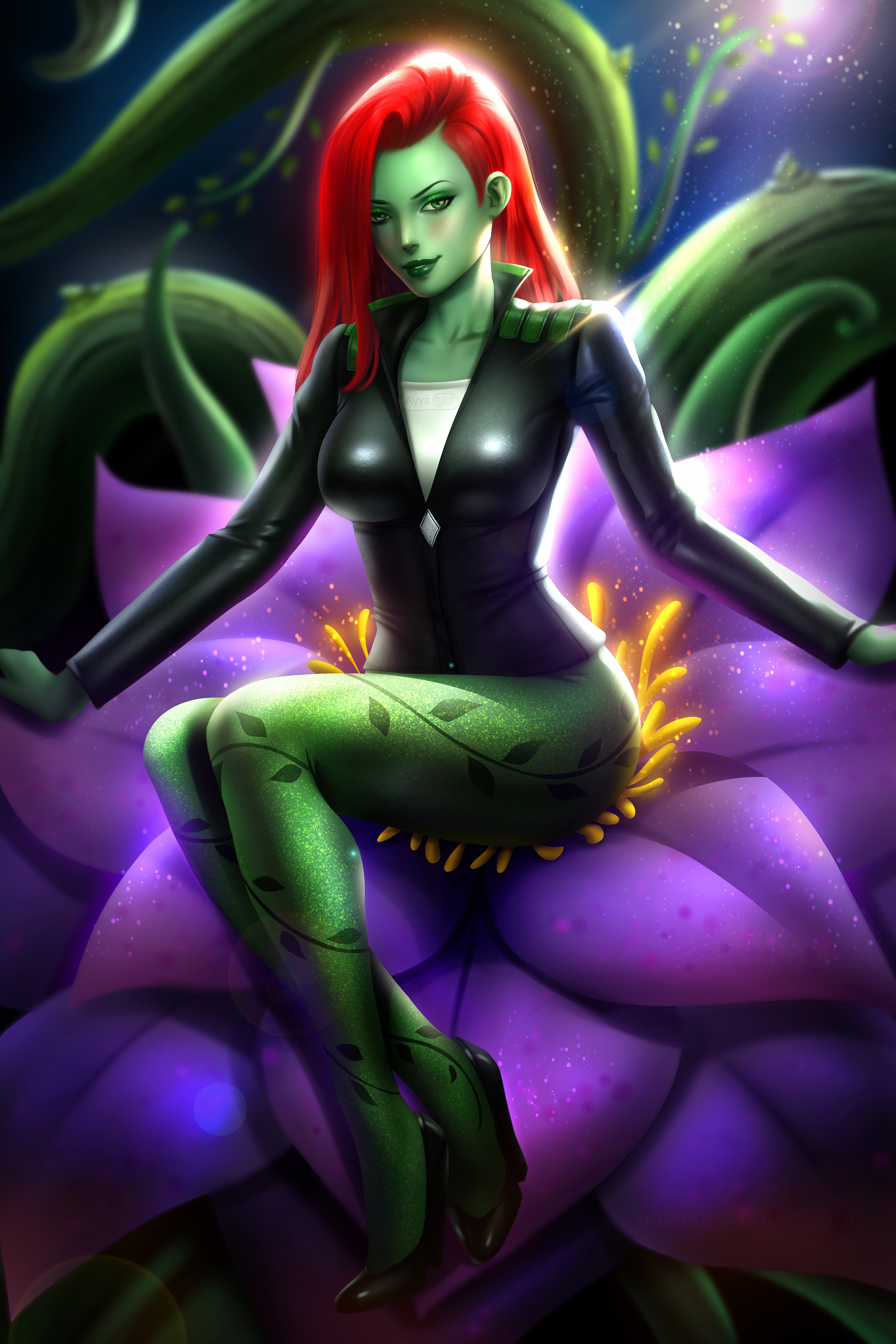 1girls, 2d, ayyasap, batman (series), black clothing, dc, dc comics, female, flower, green eyes, green skin, green-skinned female, leafs, looking at viewer, pamela isley, plant, poison ivy, redhead, sitting, supervillainess, thin waist, villainess, vines