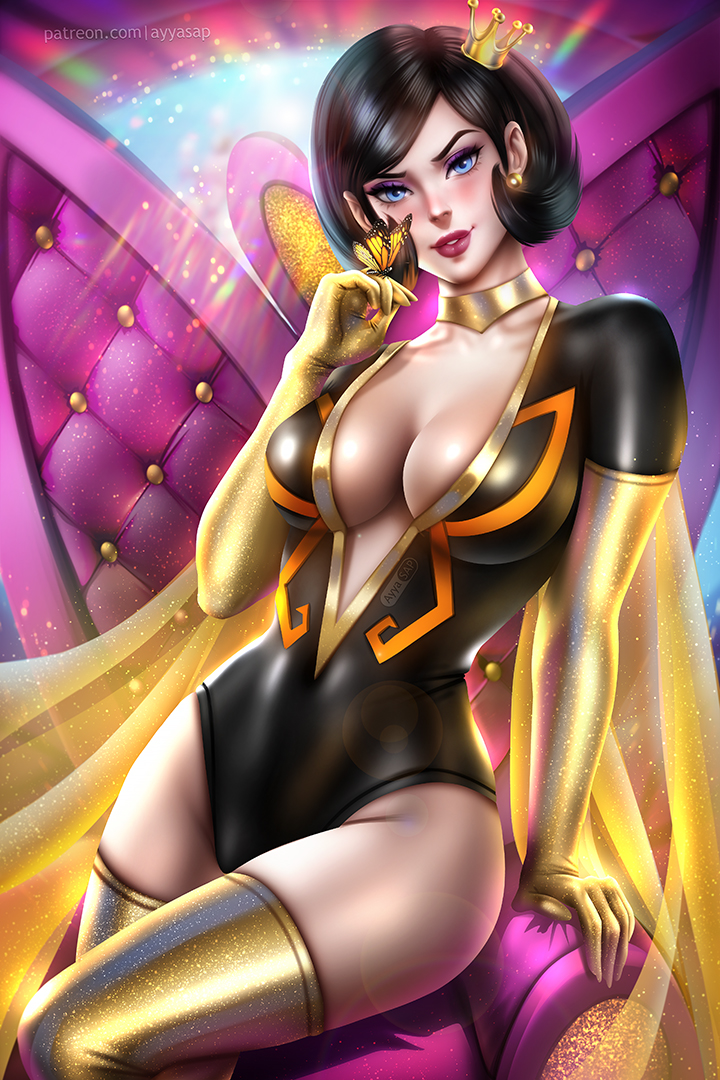 1girls, ayyasap, black hair, blue eyes, breasts, butterfly, choker, cleavage, clothed, crown, doctor girlfriend, female, female only, large breasts, lipstick, looking at viewer, pinup, red lipstick, short hair, solo, thighhighs, venture brothers