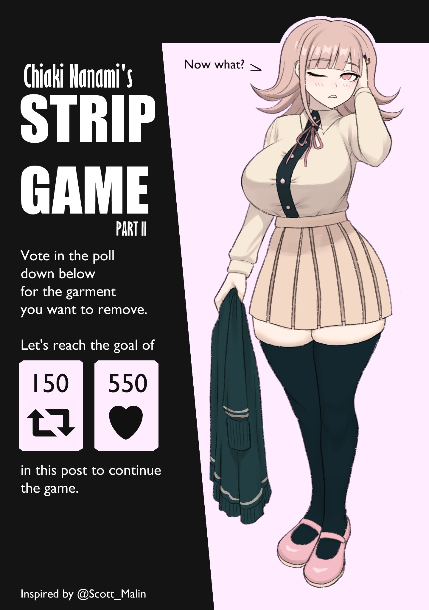 breasts, danganronpa, danganronpa 2: goodbye despair, english text, female, jacket, large breasts, nanami chiaki, redvenus, straight hair, strip game, text, thighhighs, undressing