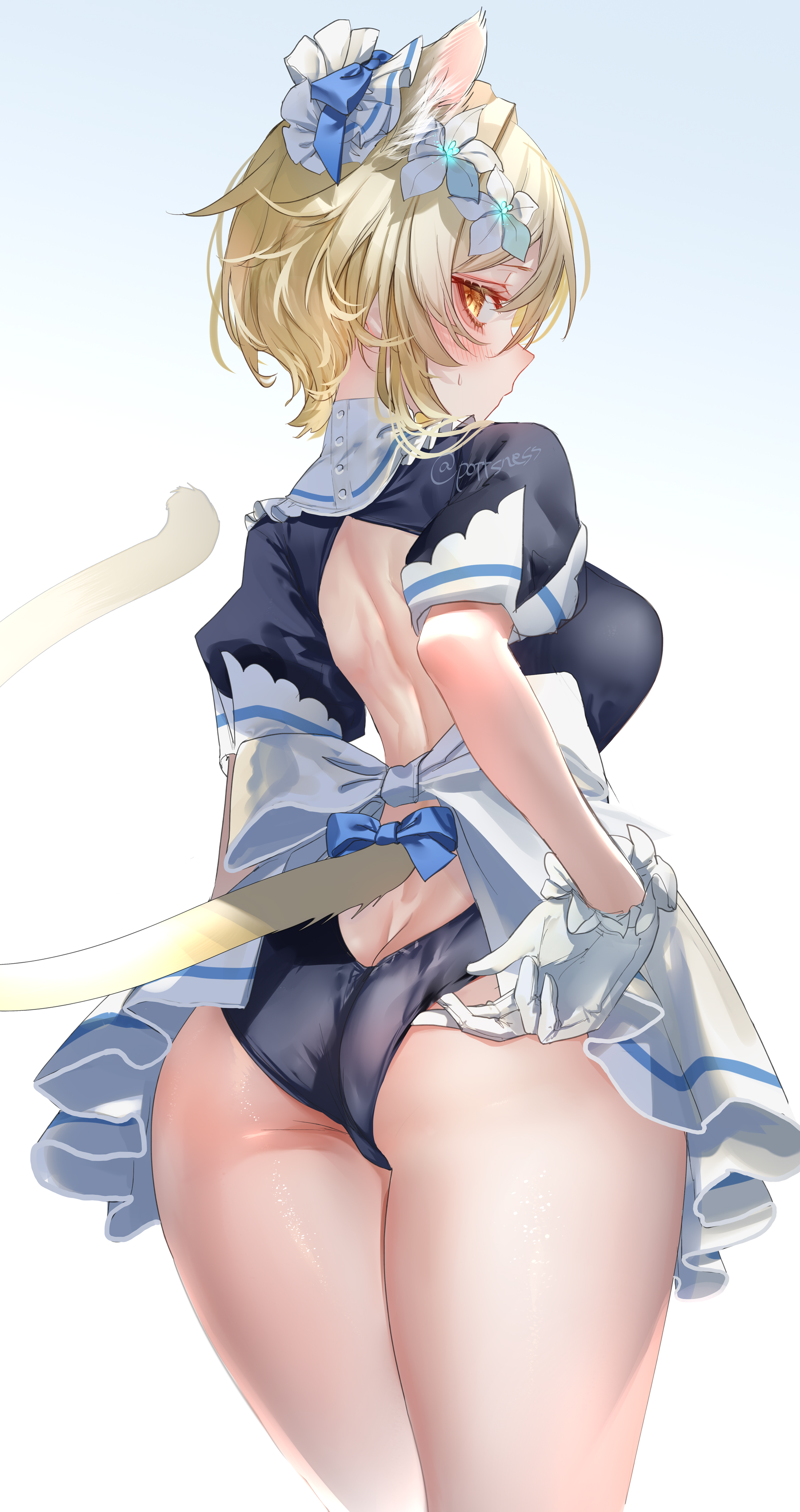 1girls, animal ears, ass, ass cleavage, ass crack, black panties, blonde hair, breasts, butt crack, cat ears, cat tail, dress, female, genshin impact, gloves, hair ornament, highres, looking at viewer, looking back, lumine (genshin impact), maid, maid headdress, panties, pottsness, sideboob, solo, standing, tail, yellow eyes