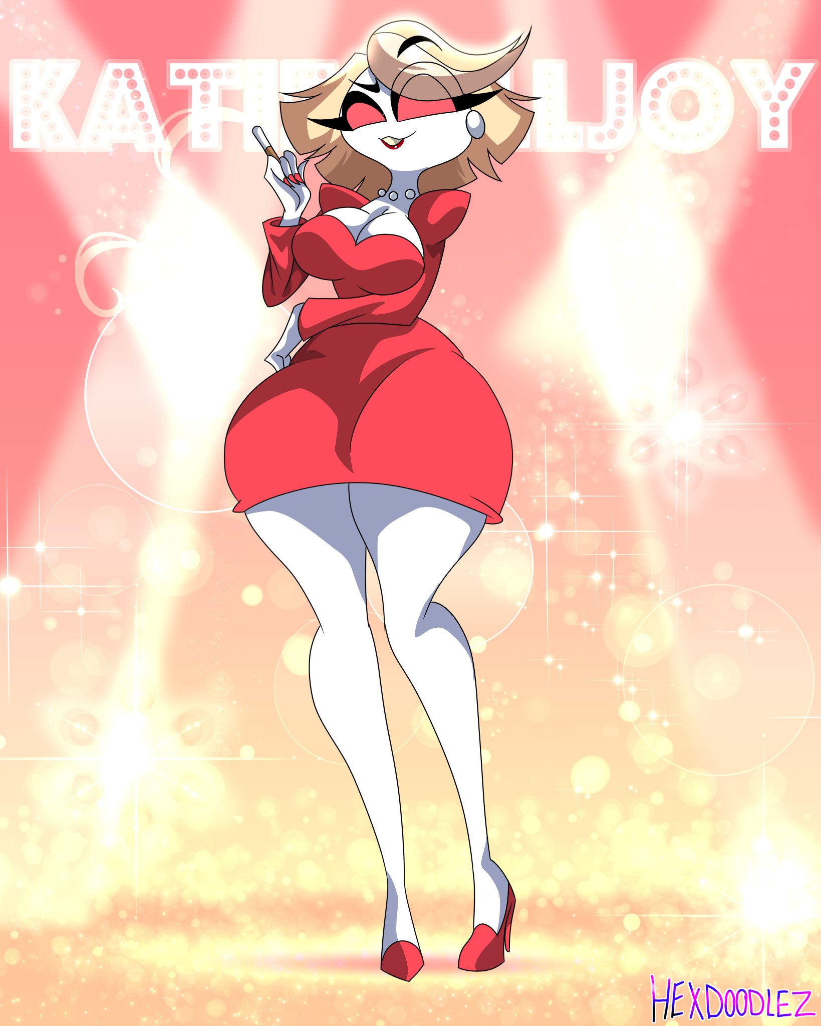 1girls, big breasts, blonde hair, breasts, cigarette, cleavage, demon, demon girl, female, female only, hazbin hotel, hexdoodz, katie killjoy, red dress, red eyes, red lipstick, smile, smirk, solo, solo female, straight hair, thick thighs, vivienne medrano, white skin, wide hips