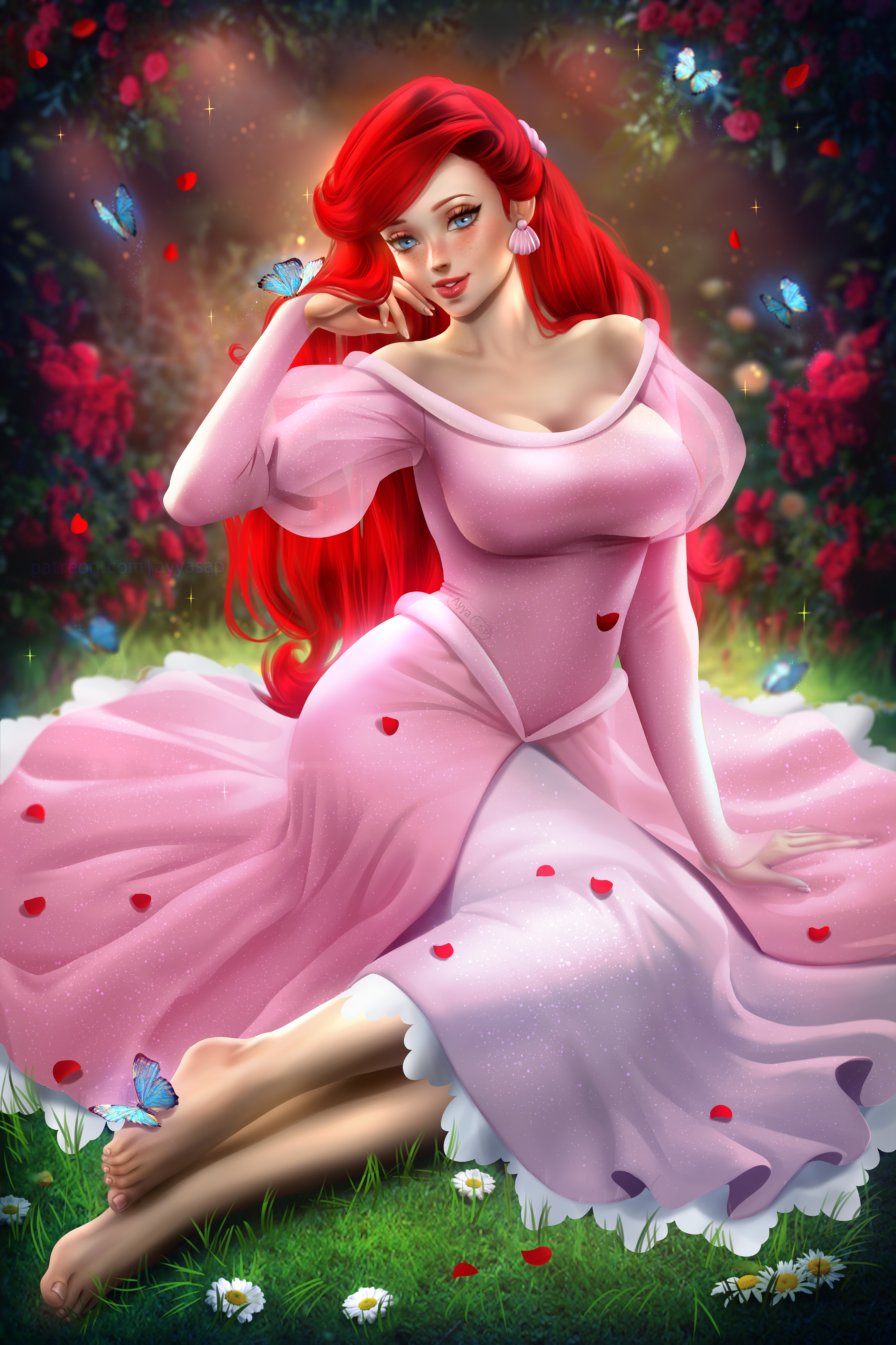 1girls, absurd res, ariel, ayyasap, butterfly, disney, disney princess, dress, female, female focus, flower, grass, jpg, pinup, princess dress, signature, solo, the little mermaid