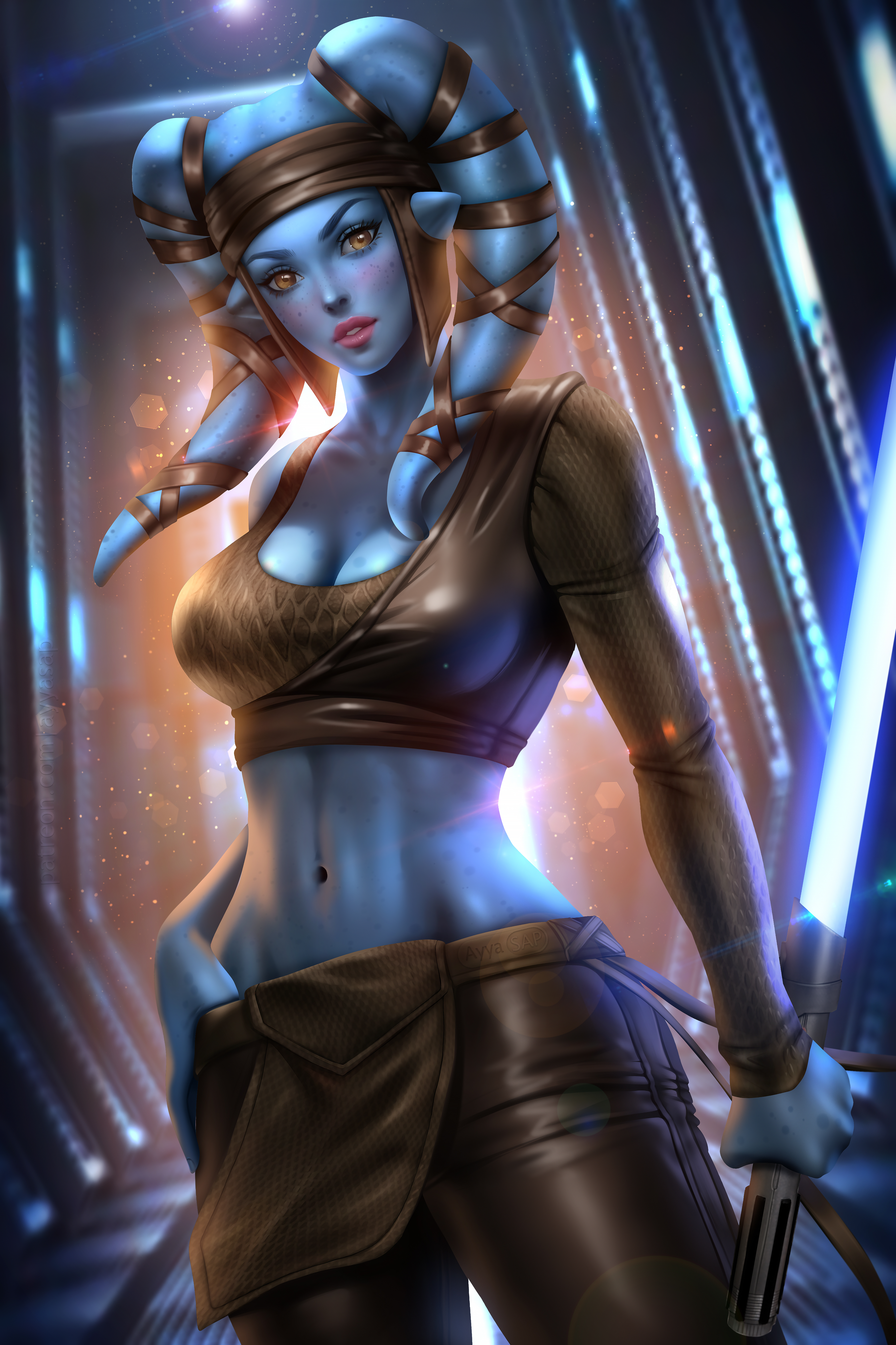 1girls, aayla secura, alien, alien girl, athletic, athletic female, ayyasap, blue lightsaber, blue skin, blue-skinned female, blush, breasts, brown eyes, cleavage, clothed, clothed female, female, female only, fit, fit female, freckles, jedi, lekku (anatomy), lightsaber, looking at viewer, lucasfilm, melee weapon, midriff, non-human, non-human only, pinup, sfw, solo, solo female, star wars, text, twi'lek, weapon