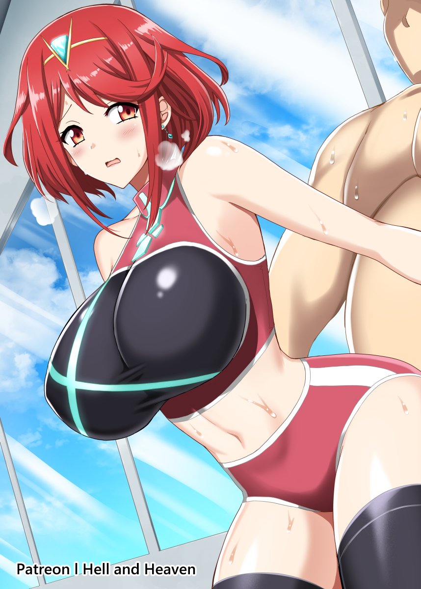 1boy 1girls 2022 ambiguous_penetration arm_grab artist_signature bangs bloomers blush booty_shorts breasts buruma faceless_male female female_penetrated from_behind hellandheaven hips huge_breasts leaning_forward male male_penetrating midriff nintendo patreon_username pyra red_eyes red_hair short_hair short_shorts shorts skindentation slim_waist sport_shorts sports_bra sportswear sweat sweaty_body swept_bangs tank_top thick_thighs thighhighs thighs visible_breath wide_hips workout_clothes xenoblade_(series) xenoblade_chronicles_2