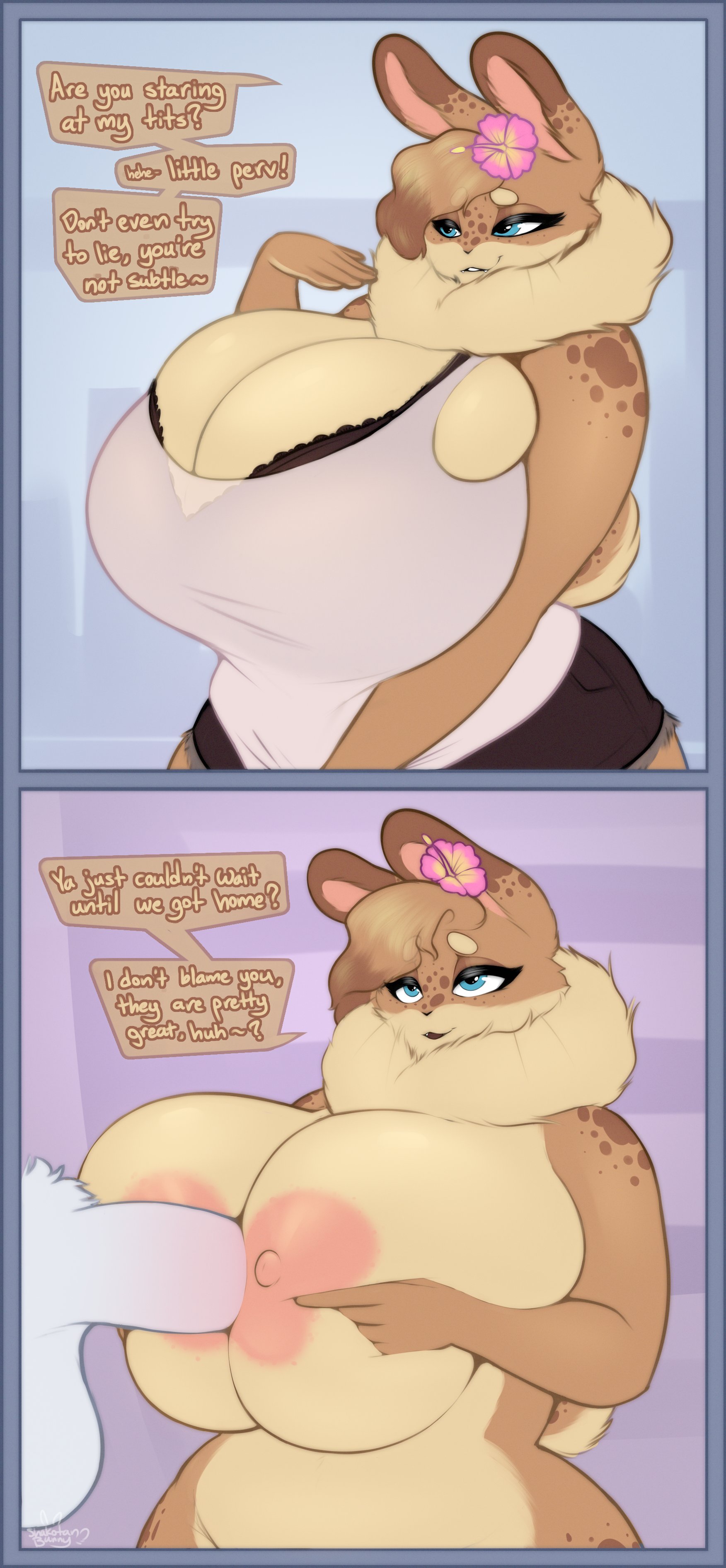anthro, big breasts, boobjob, breasts, bunny ears, bunny tail, chest fur, chest tuft, female, flower, fluffy hair, giantess, hazel (shakotanbunny), klaus (shakotanbunny), larger female, neck fur, neck tuft, paizuri, rabbit, rabbit ears, rabbit tail, shakotanbunny, tagme, two-tone fur, voluptuous, voluptuous female
