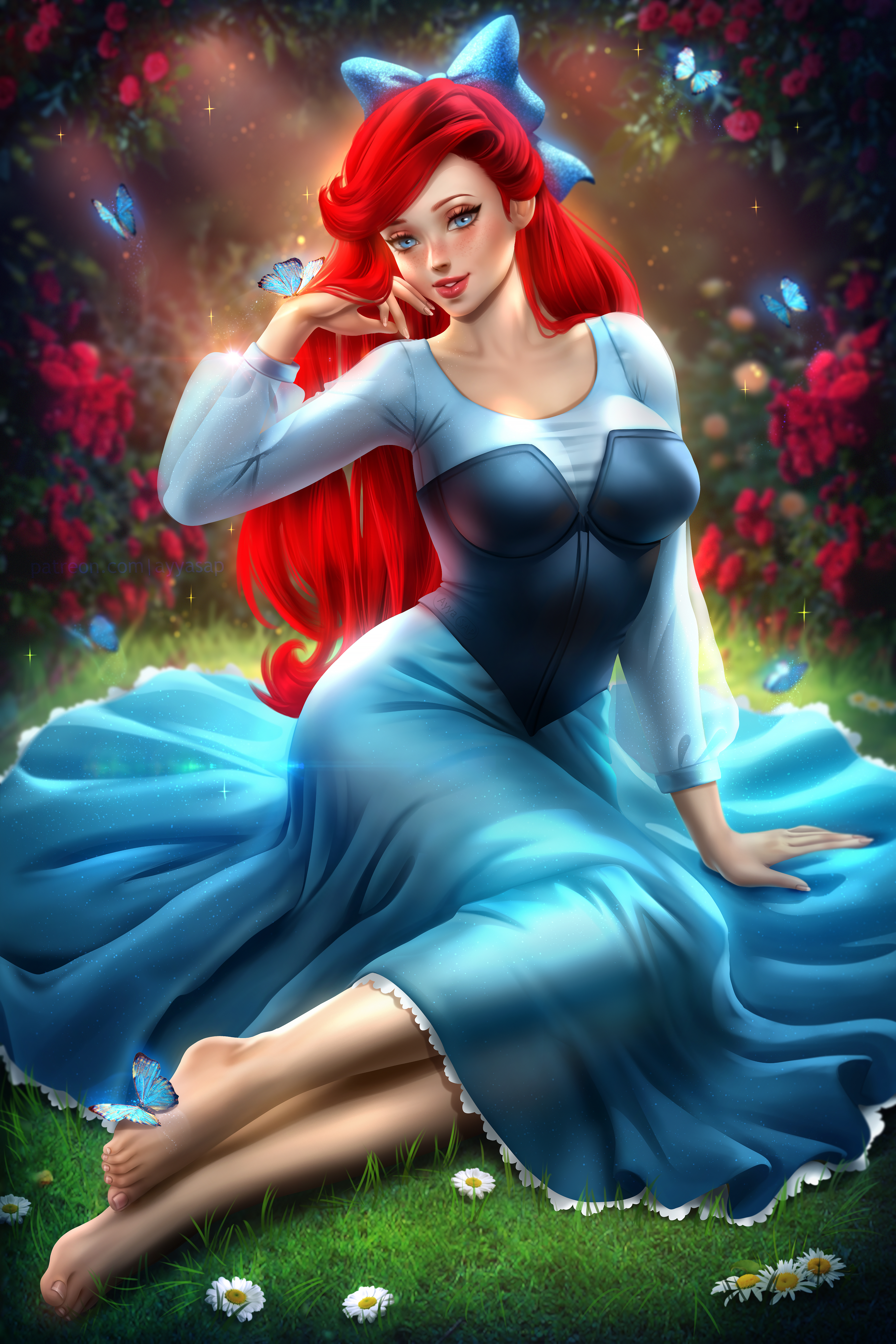 ariel, ayyasap, barefoot, disney, disney princess, dress, female, pinup, red hair, the little mermaid