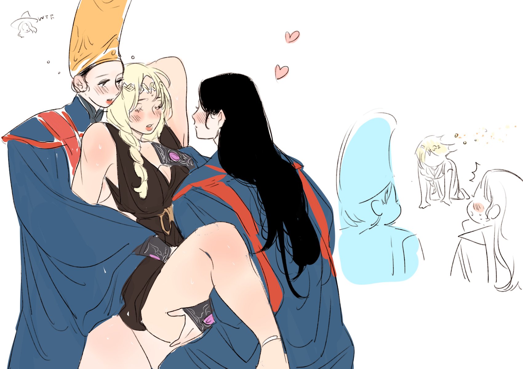 3girls, blonde hair, clothing, couple, dress lift, dress pull, elden ring, female, female only, fromsoftware, groping, groping ass, heart, milfcookiesimp, multiple females, multiple girls, queen marika the eternal, ranni the witch, rennala queen of the full moon, thick thighs, upskirt, white background, yuri