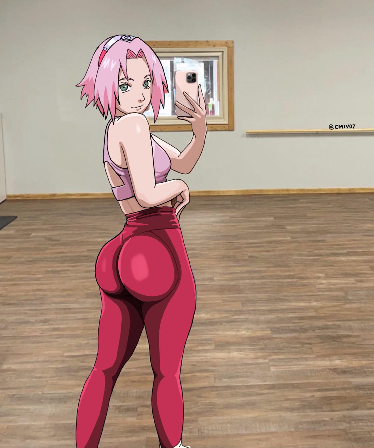 ass, big ass, breasts, cellphone, cmiv07, female, female only, from behind, green eyes, holding cellphone, holding object, leggings, looking at viewer, looking back, naruto, naruto (series), naruto shippuden, photo background, pink hair, realistic background, round ass, sakura haruno, selfie, shoulder length hair, sideboob, small breasts, smile, solo, solo female, solo focus, sports bra, standing, tight bottomwear, tight clothing, tight pants, workout clothes
